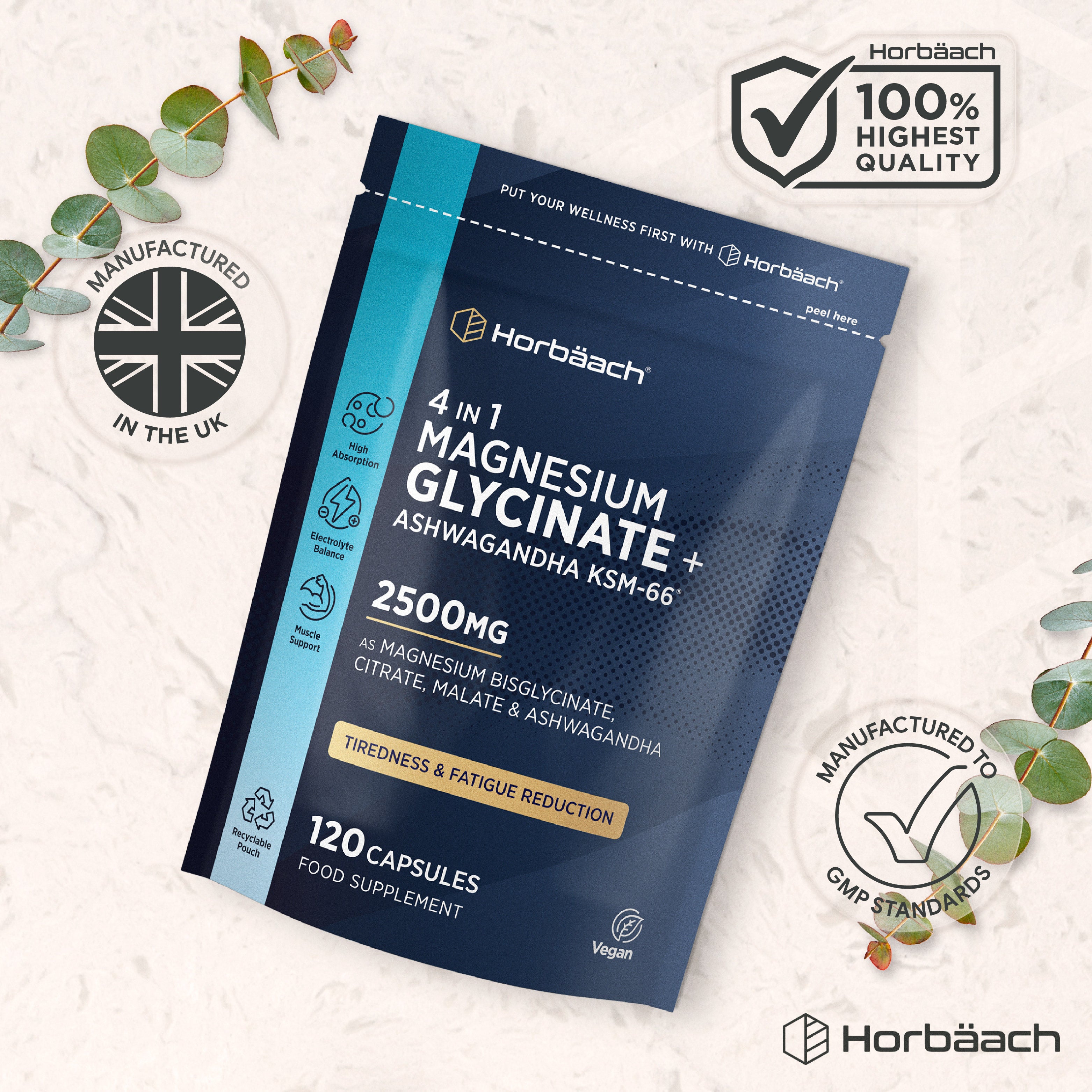 Horbäach 4-in-1 Magnesium Glycinate + Ashwagandha 2500MG, 120 Capsules, Food Supplement comes in a Recyclable Pouch.