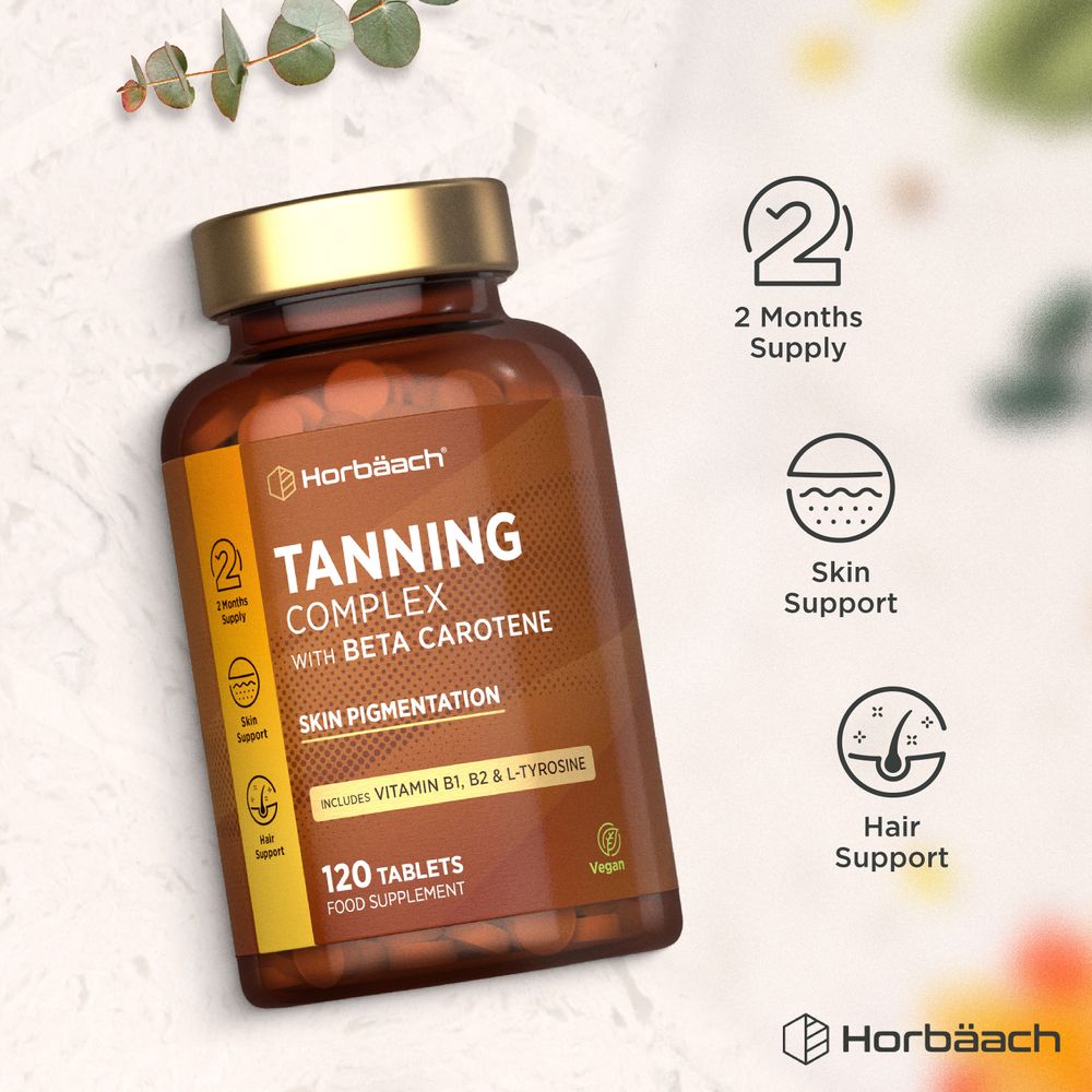 HU Tanning Complex with Beta Carotene, 120 Vegan Tablets. Supports skin pigmentation and hair. 2 months supply.