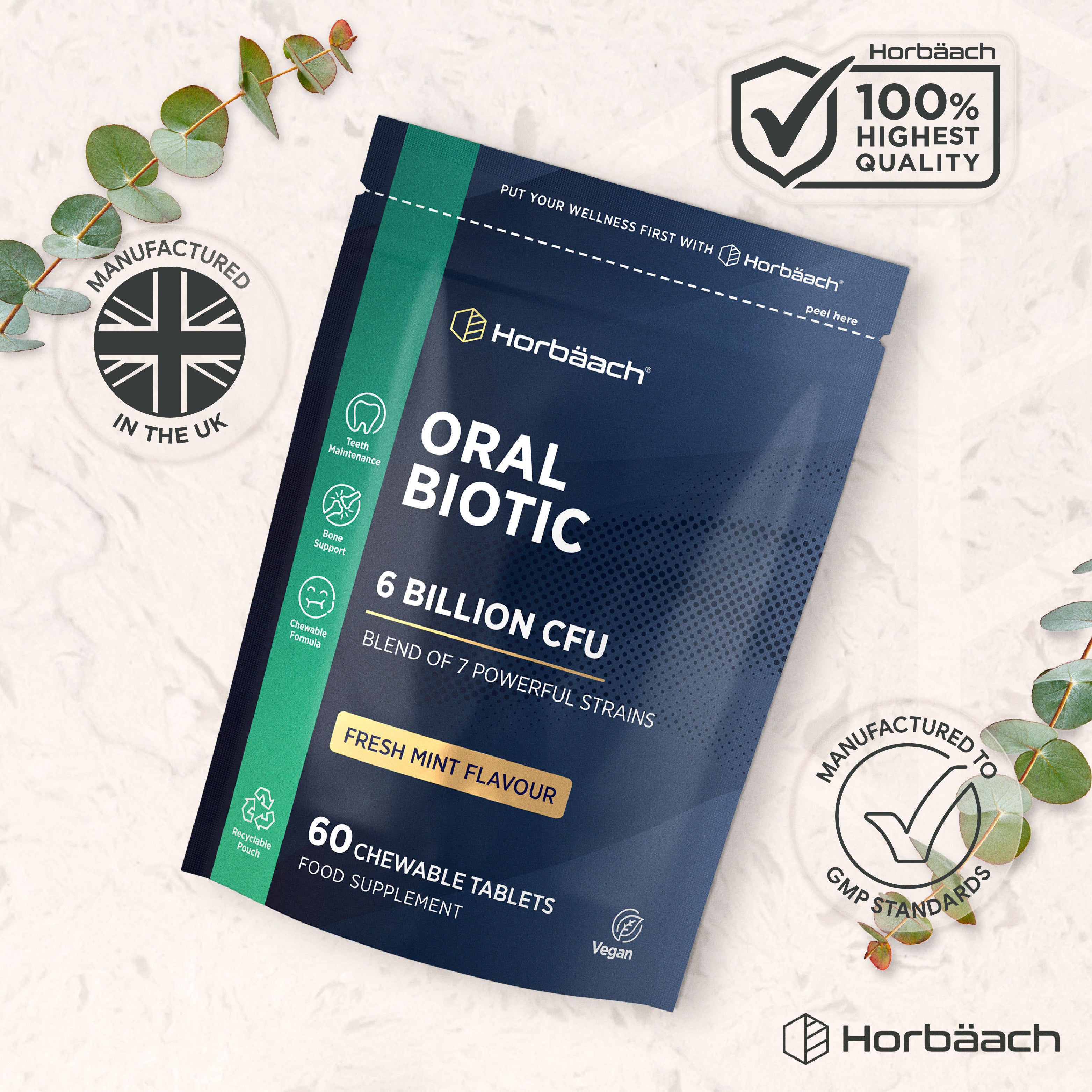 Horbäach Oral Biotic contains 6 billion CFU per serving, with 60 vegan chewable tablets in fresh mint flavor.