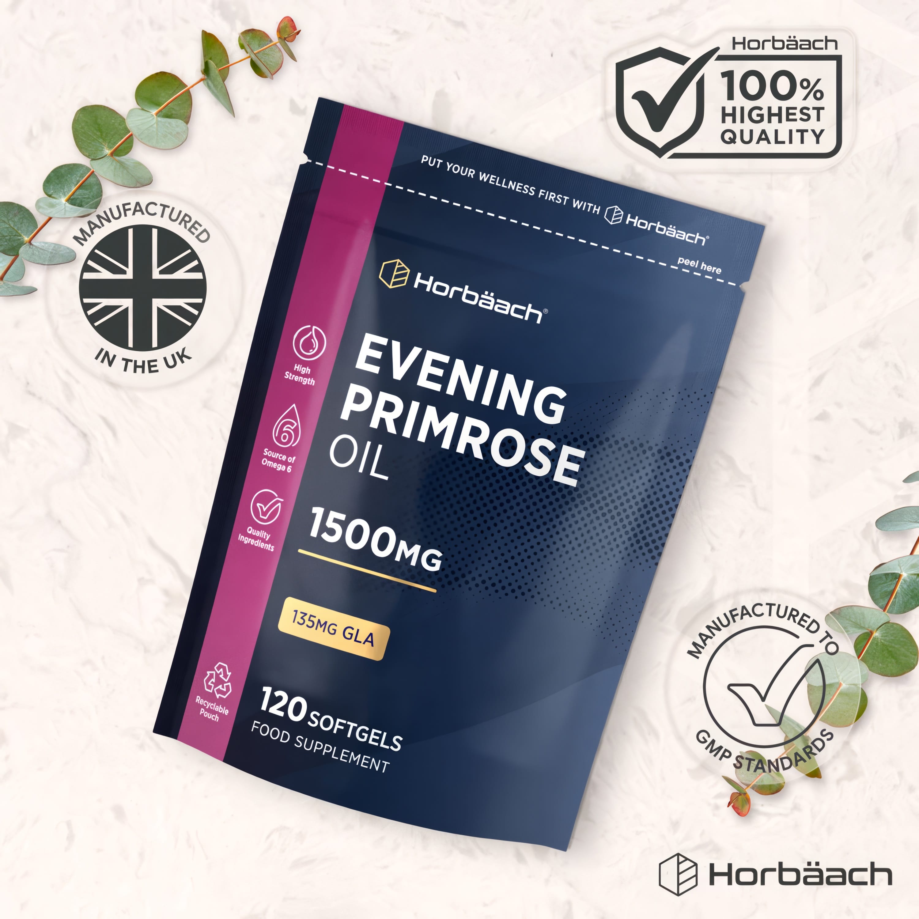 Horbäach Evening Primrose Oil 1500mg softgels with 135mg GLA for high strength and Omega 6 source, includes 120 capsules.