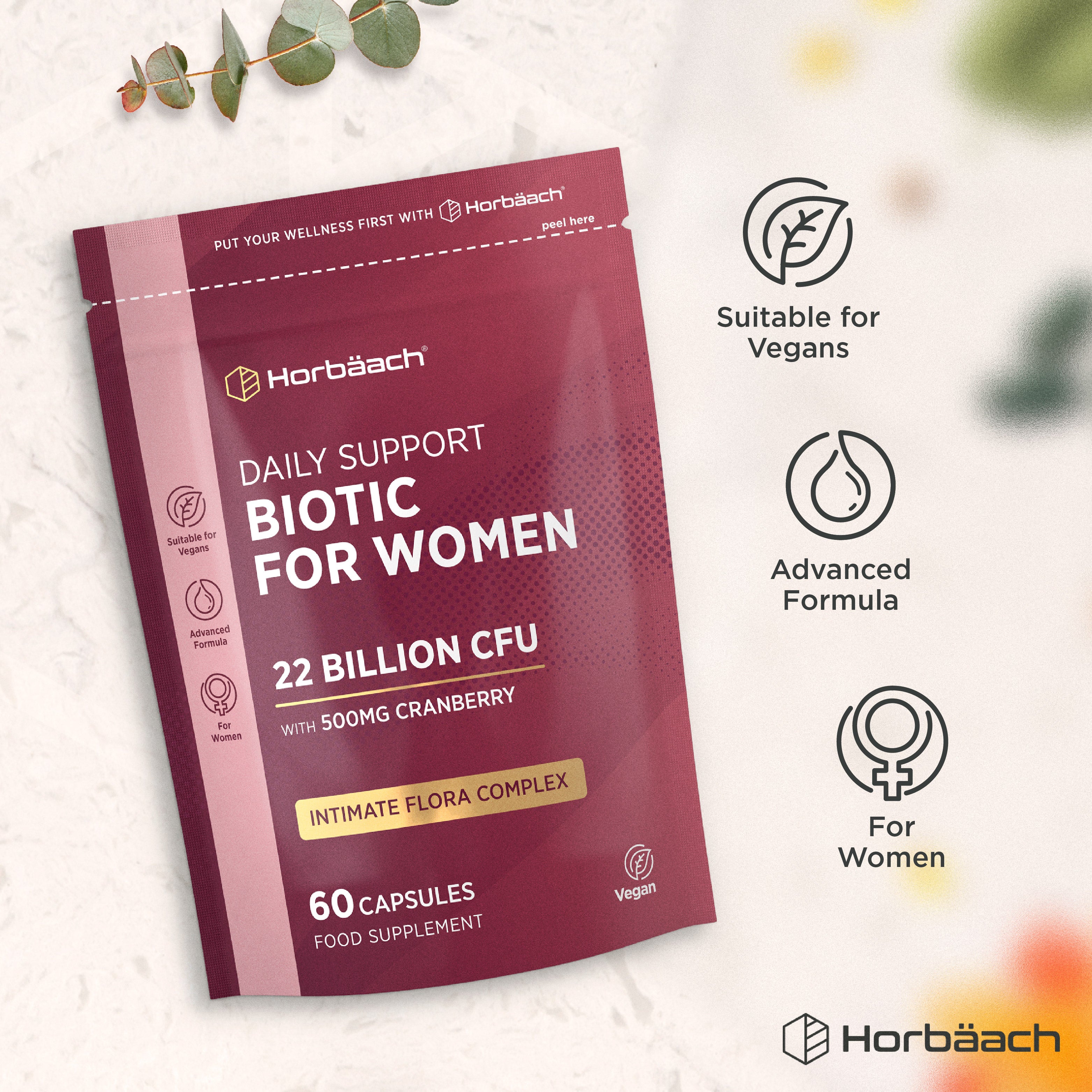 Daily Support Biotic for Women: 22 Billion CFU, 500mg Cranberry, Intimate Flora Complex, 60 Capsules Food Supplement.
