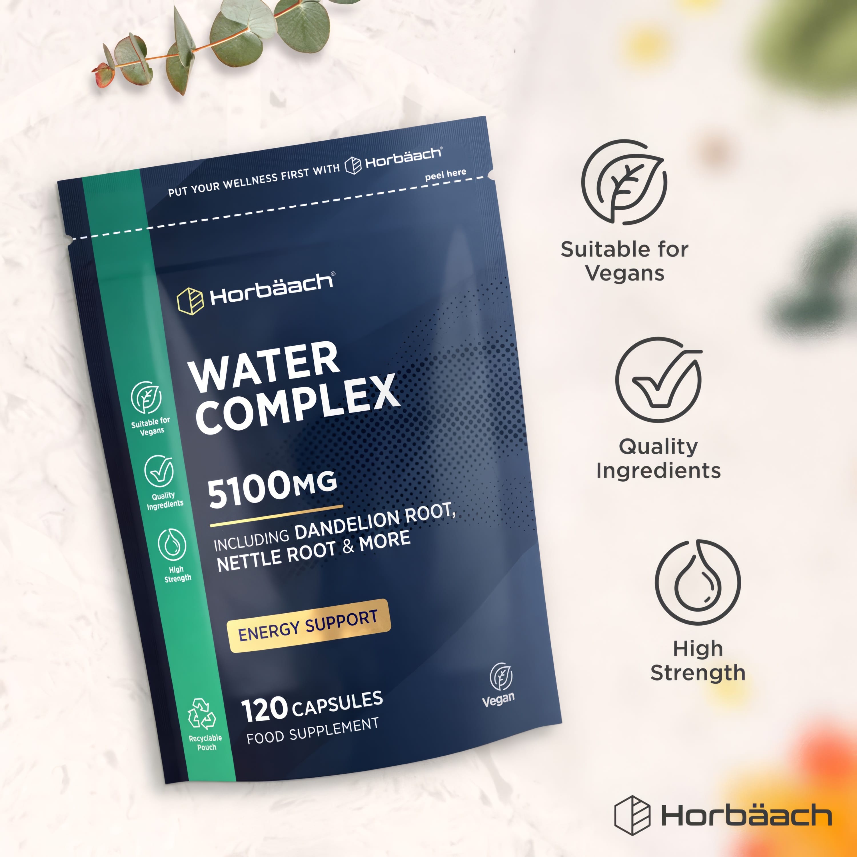 Water Complex 5100MG, 120 Vegan Capsules food supplement. Includes Dandelion Root and Nettle Root in a recyclable pouch.