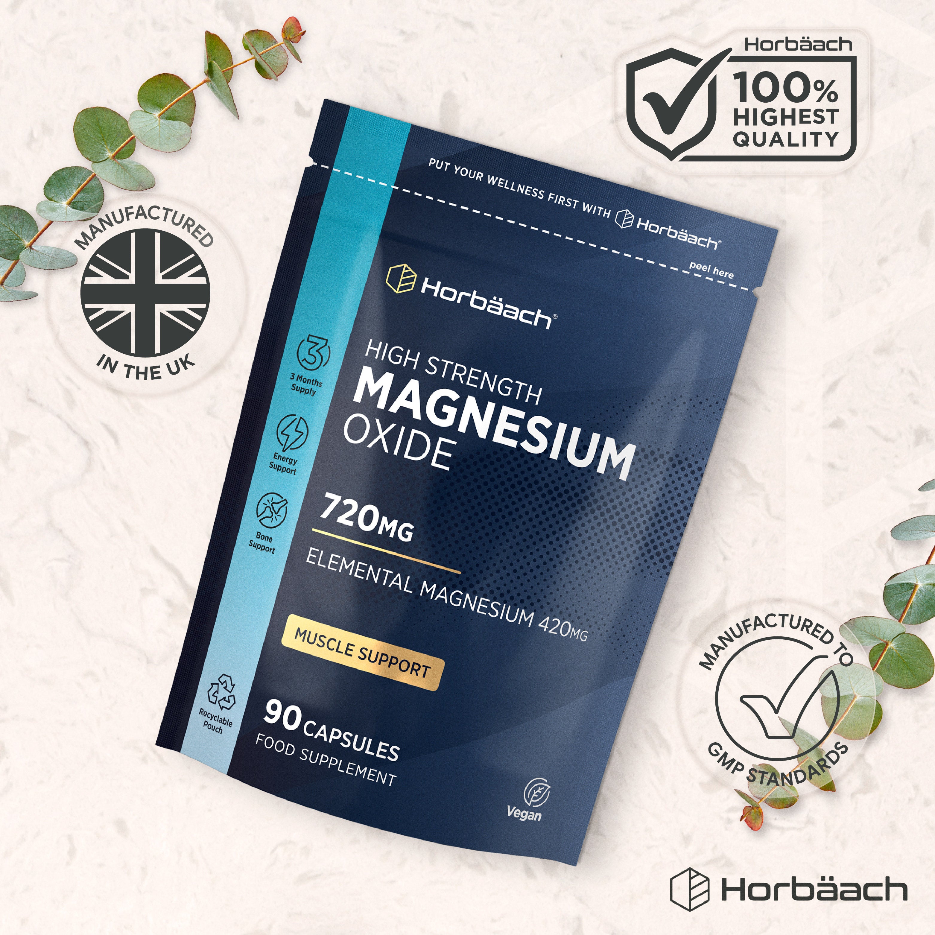 High Strength Magnesium Oxide supplements with 720mg, containing Elemental Magnesium 420mg, in 90 Vegan Capsules.
