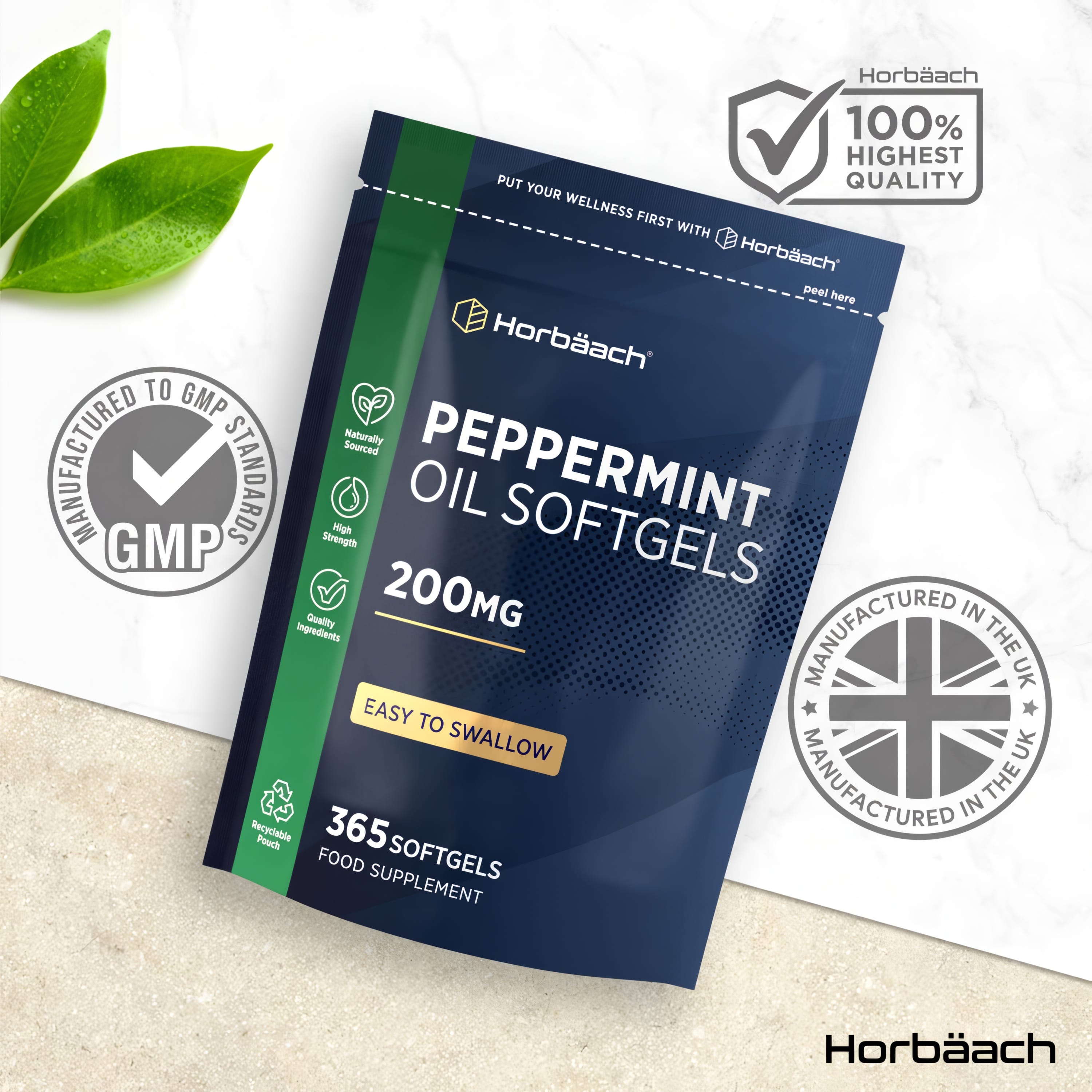 Horbäach Peppermint Oil Softgels, 200mg, 365 count, are a dietary supplement designed for wellness support.