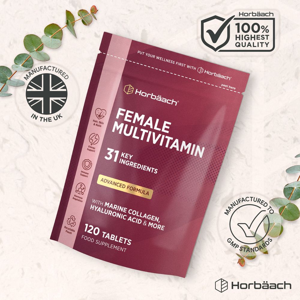 Horbäach Female Multivitamin pouch with 120 tablets, marine collagen, hyaluronic acid, and 31 key ingredients.