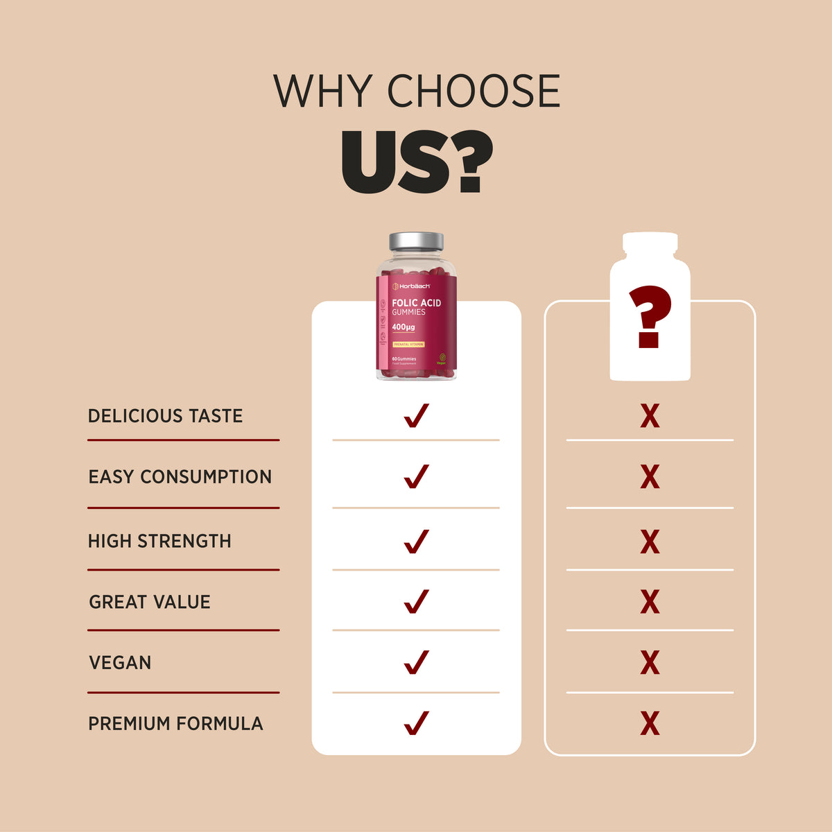Product highlights graphic stating DELICIOUS TASTE, EASY CONSUMPTION, HIGH STRENGTH, GREAT VALUE, VEGAN, PREMIUM FORMULA.