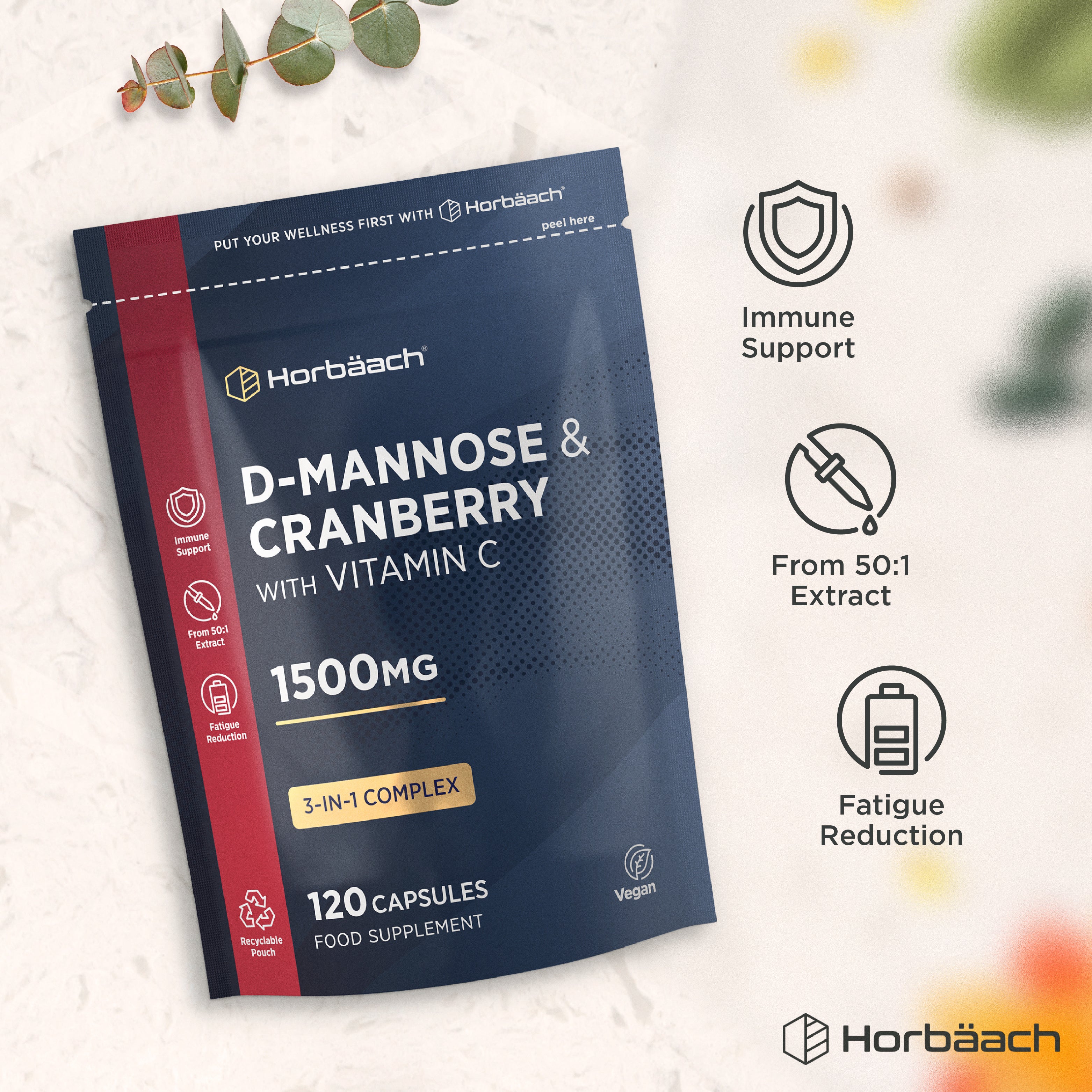Product bottle for D-Mannose & Cranberry with Vitamin C 1500MG, 120 Capsules Food Supplement.