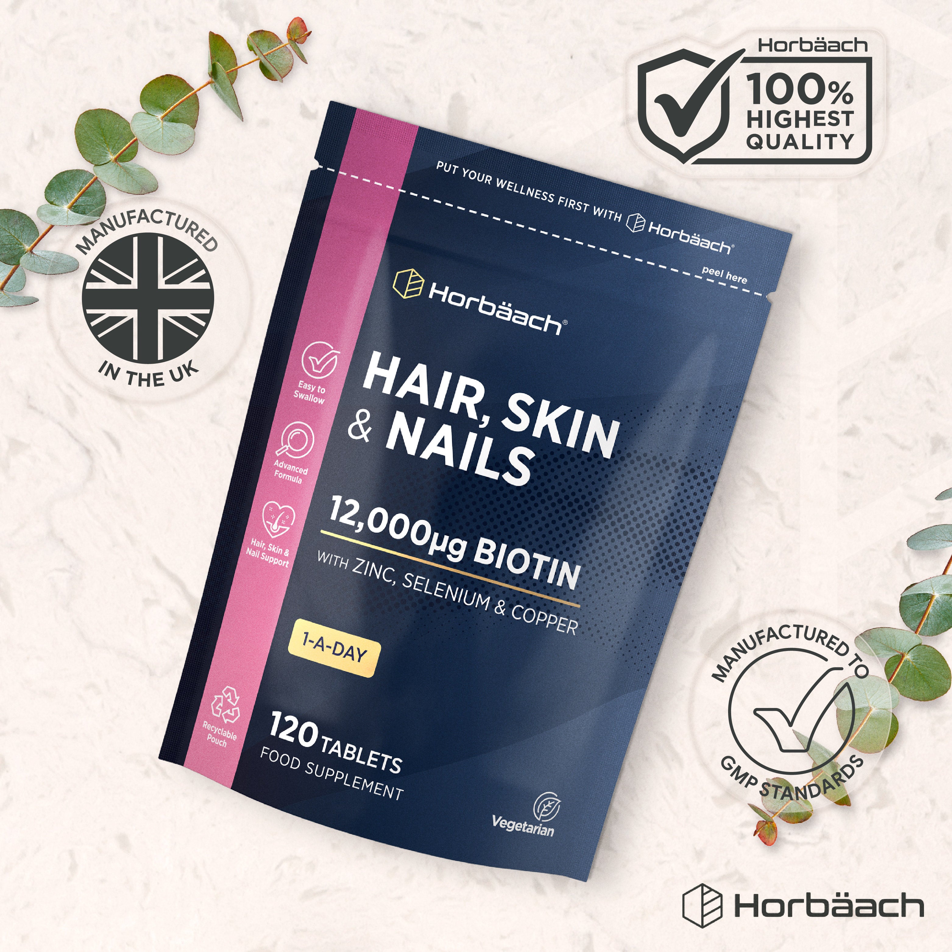 Horbäach supplement pouch for Hair, Skin & Nails with 12,000µg Biotin, Zinc, Selenium, and Copper; 120 vegetarian tablets.