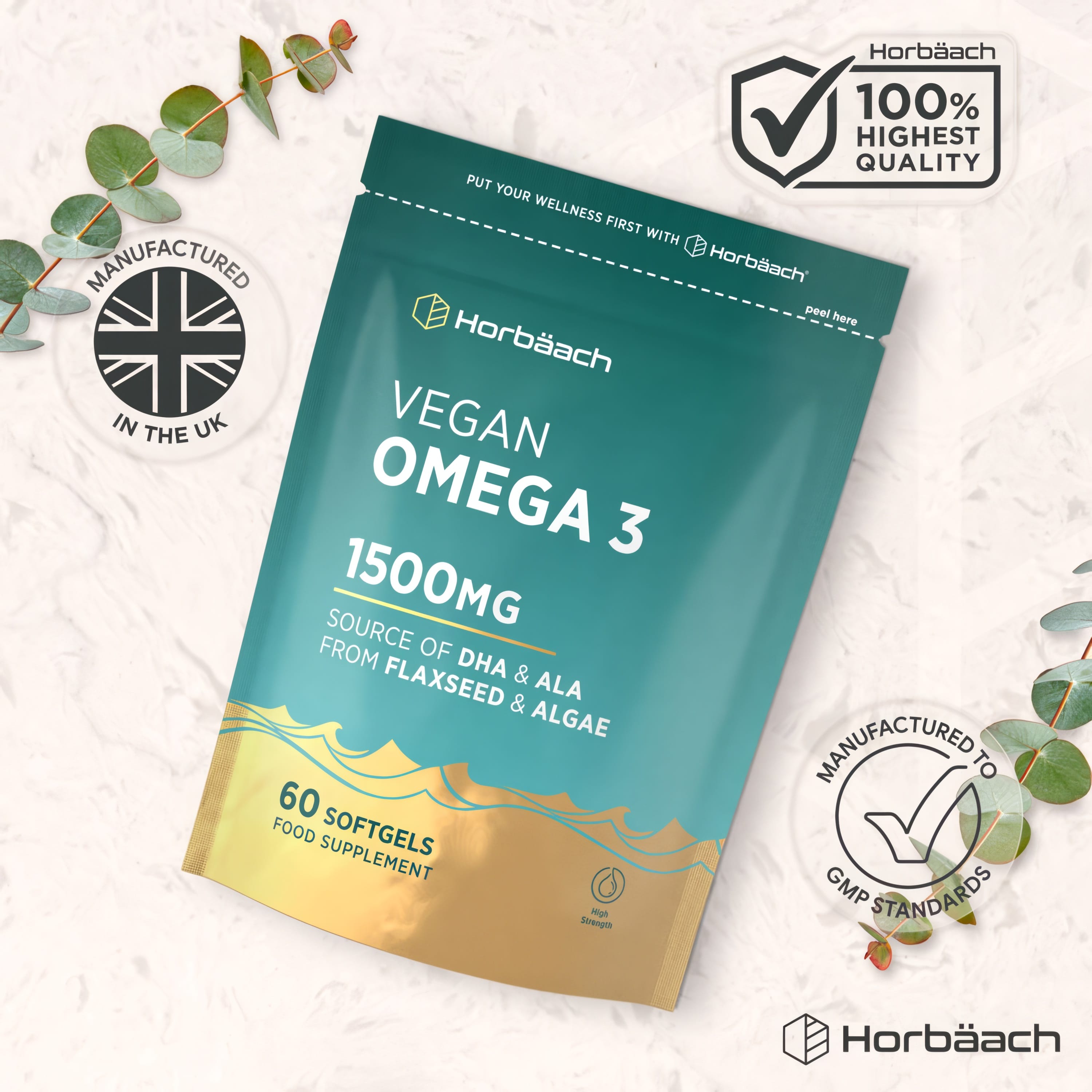 Infographic: Quality badges for Horbäach Vegan Omega 3, noting manufactured in the UK, 100% highest quality, GMP standards.