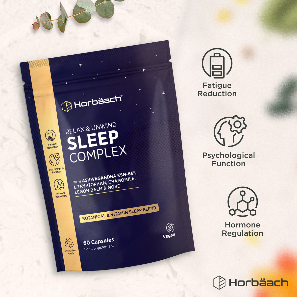 Horbäach Sleep Complex 60 Capsules pouch with icons for fatigue reduction, psychological function, and hormone regulation.