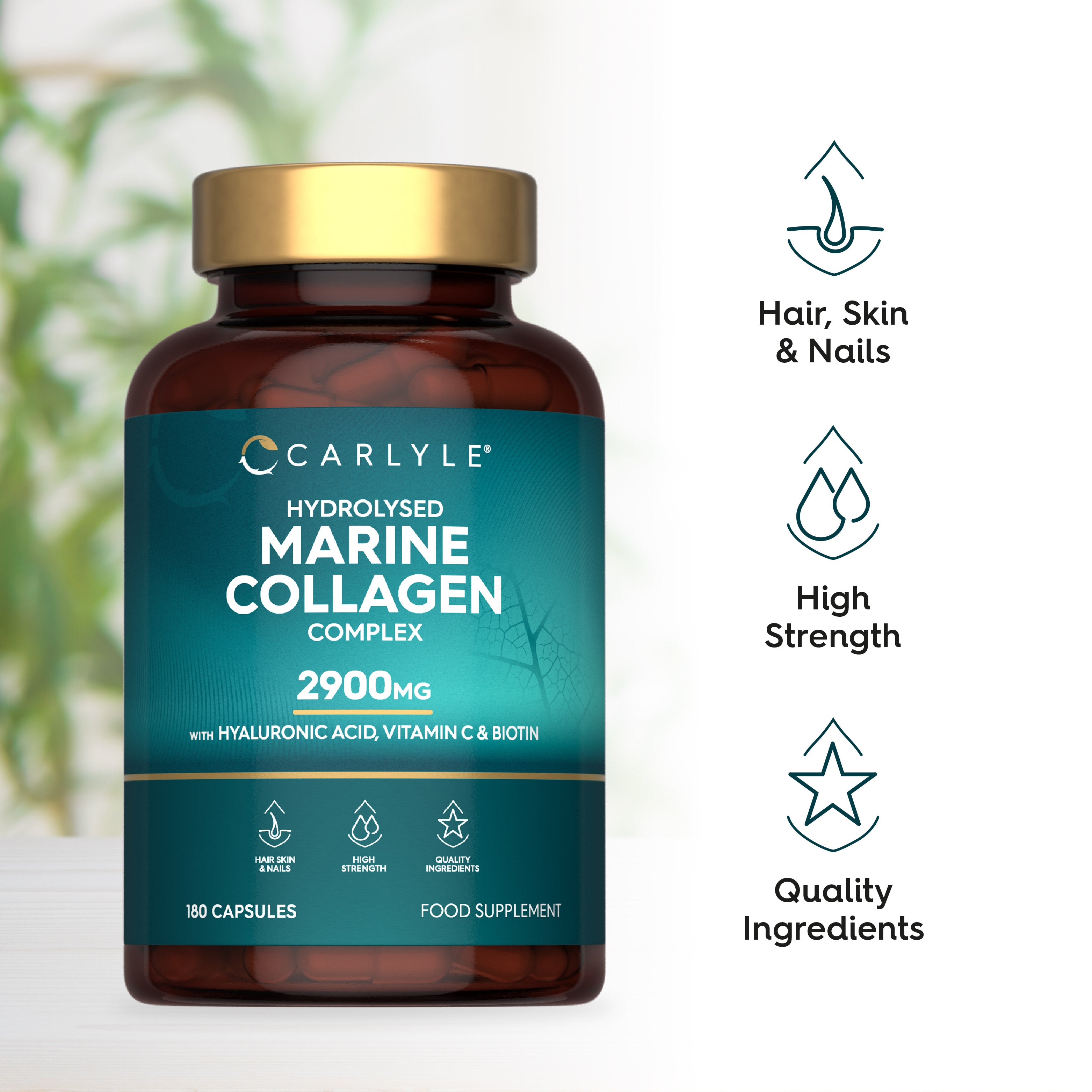 Hydrolysed Marine Collagen Complex 2900mg, Hyaluronic Acid, Vitamin C, Biotin, 180 Capsules. Supports hair, skin, nails.