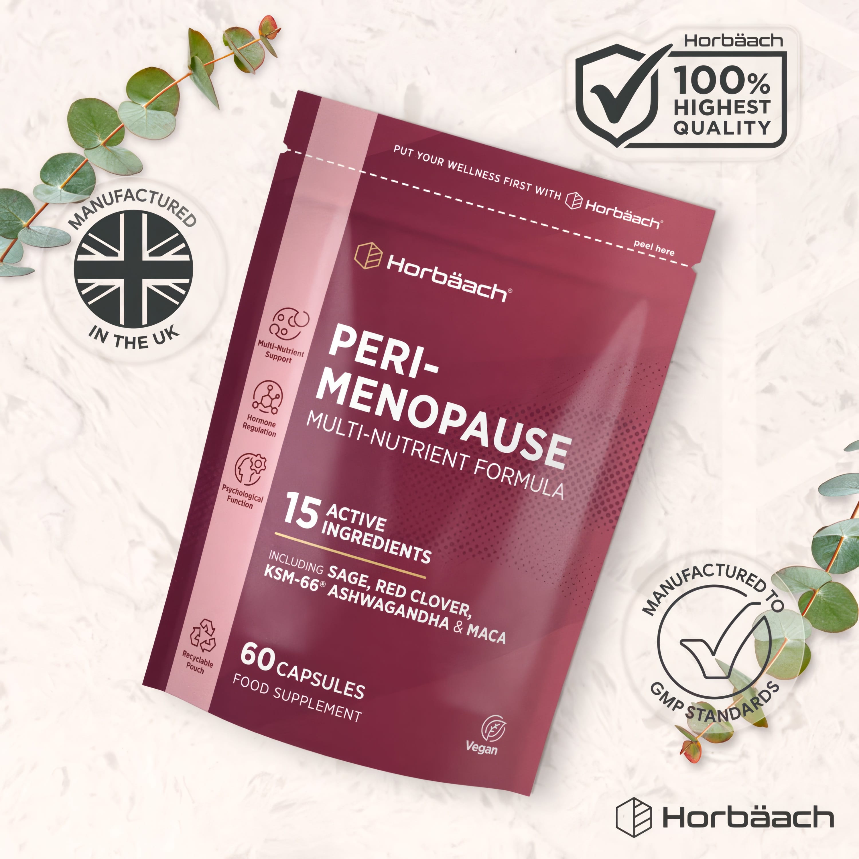 Horbäach Peri-Menopause Multi-Nutrient Formula, 60 Vegan Capsules in a recyclable pouch.