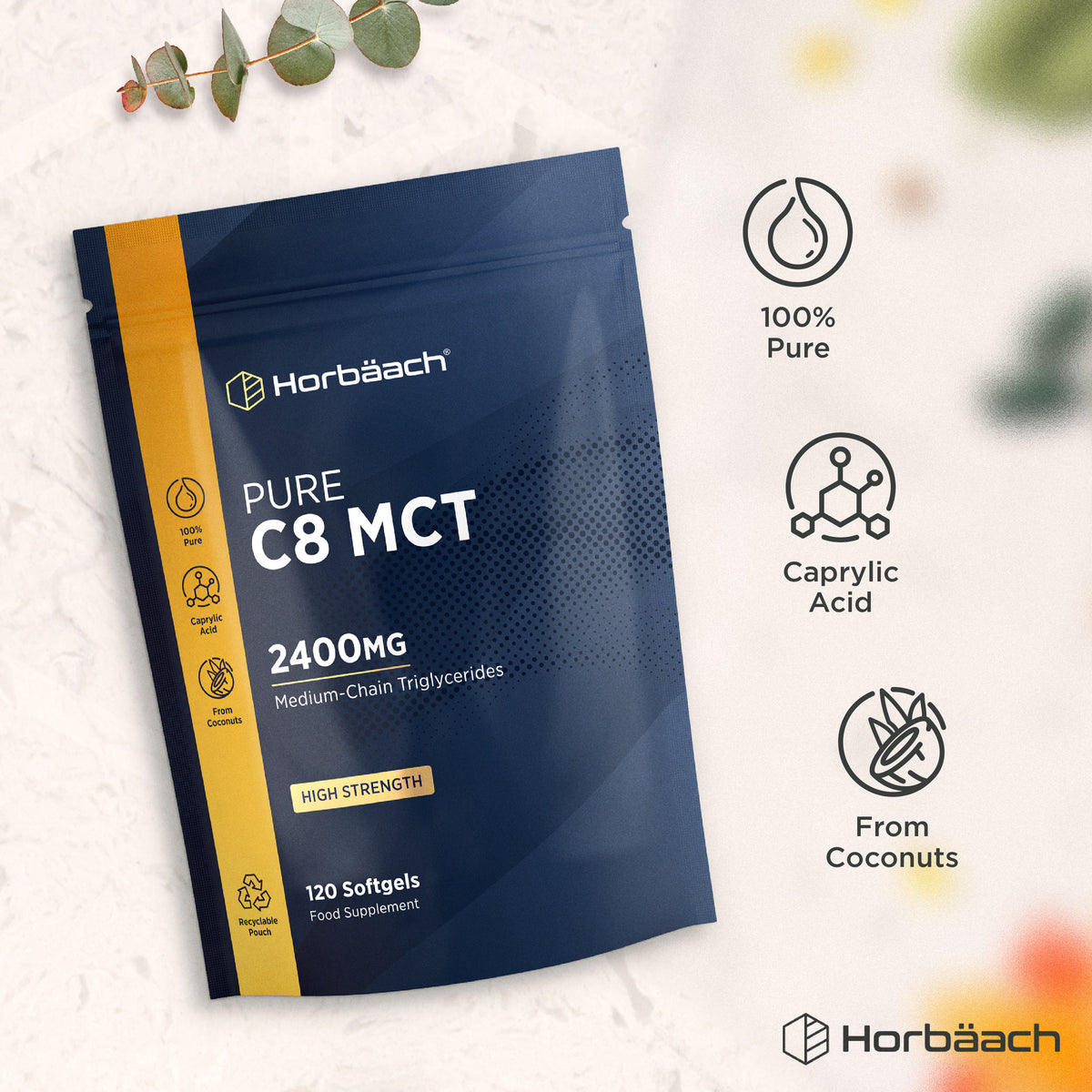 Pure C8 MCT 2400mg Medium-Chain Triglycerides in 120 softgels. Contains 100% pure caprylic acid from coconuts. High strength.