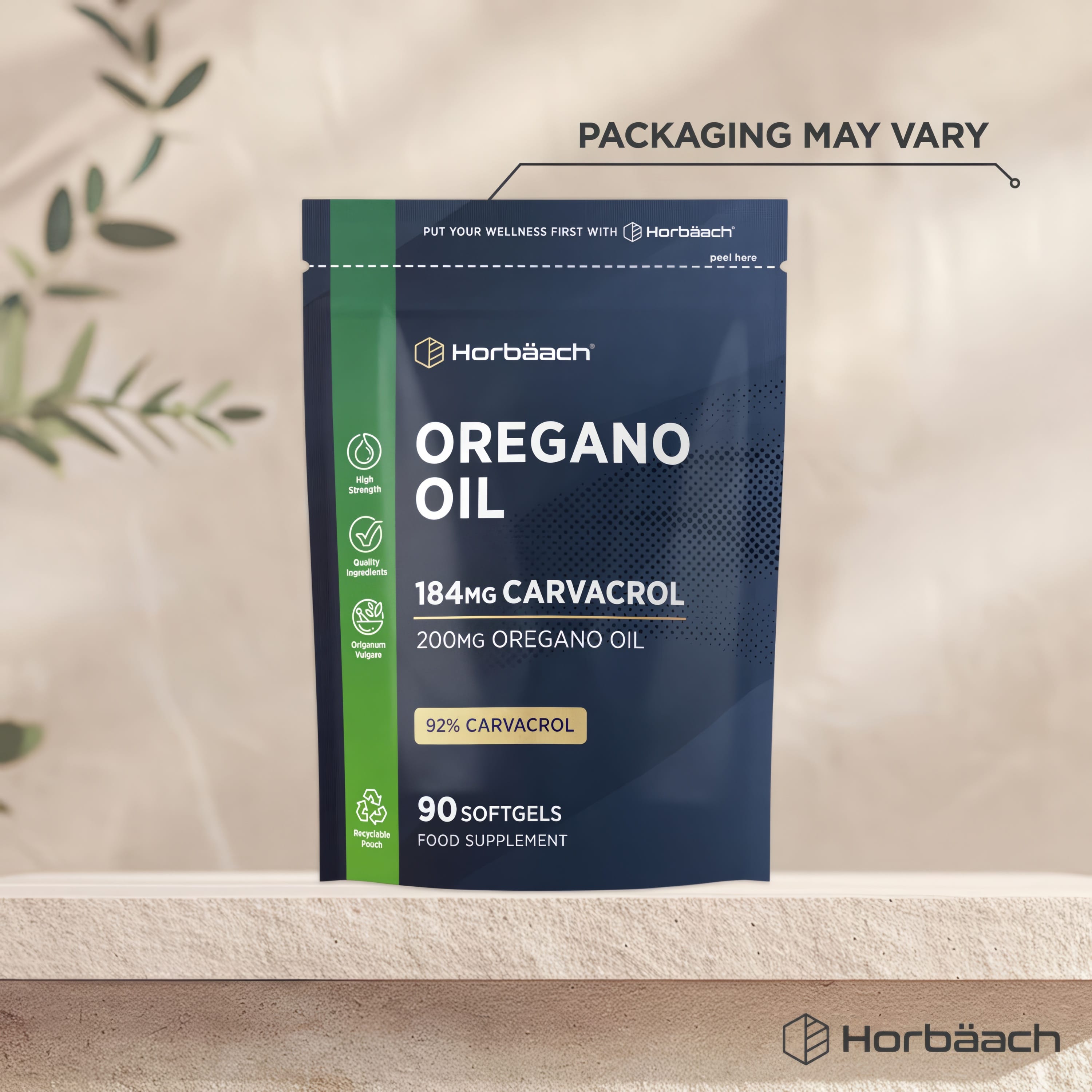 Horbäach Oregano Oil 200mg with 184mg Carvacrol (92% Carvacrol), in a pouch containing 90 softgels, a recyclable supplement.