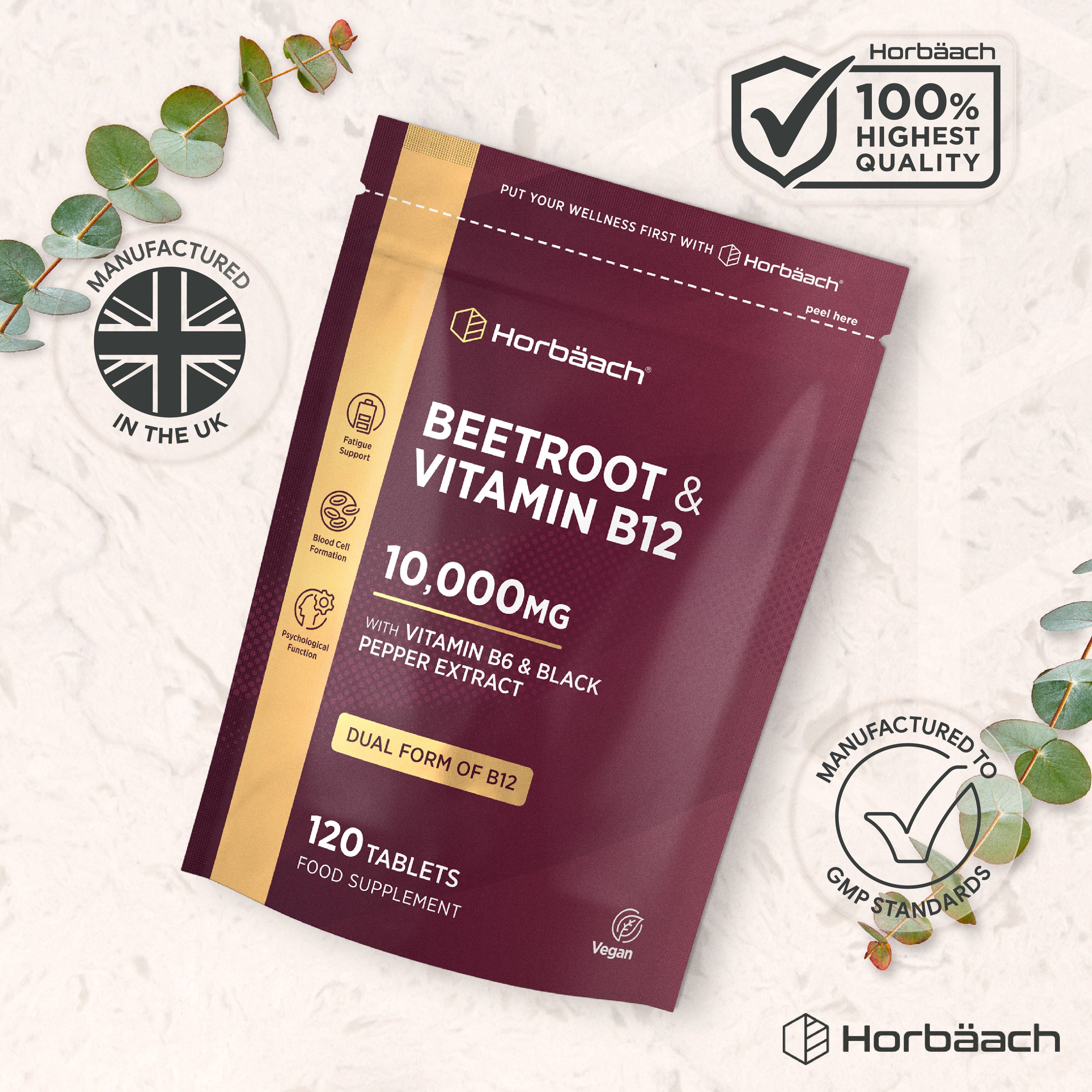 Beetroot & Vitamin B12 10,000mg with Vitamin B6 & Black Pepper, Dual Form of B12, 120 Vegan Tablets.