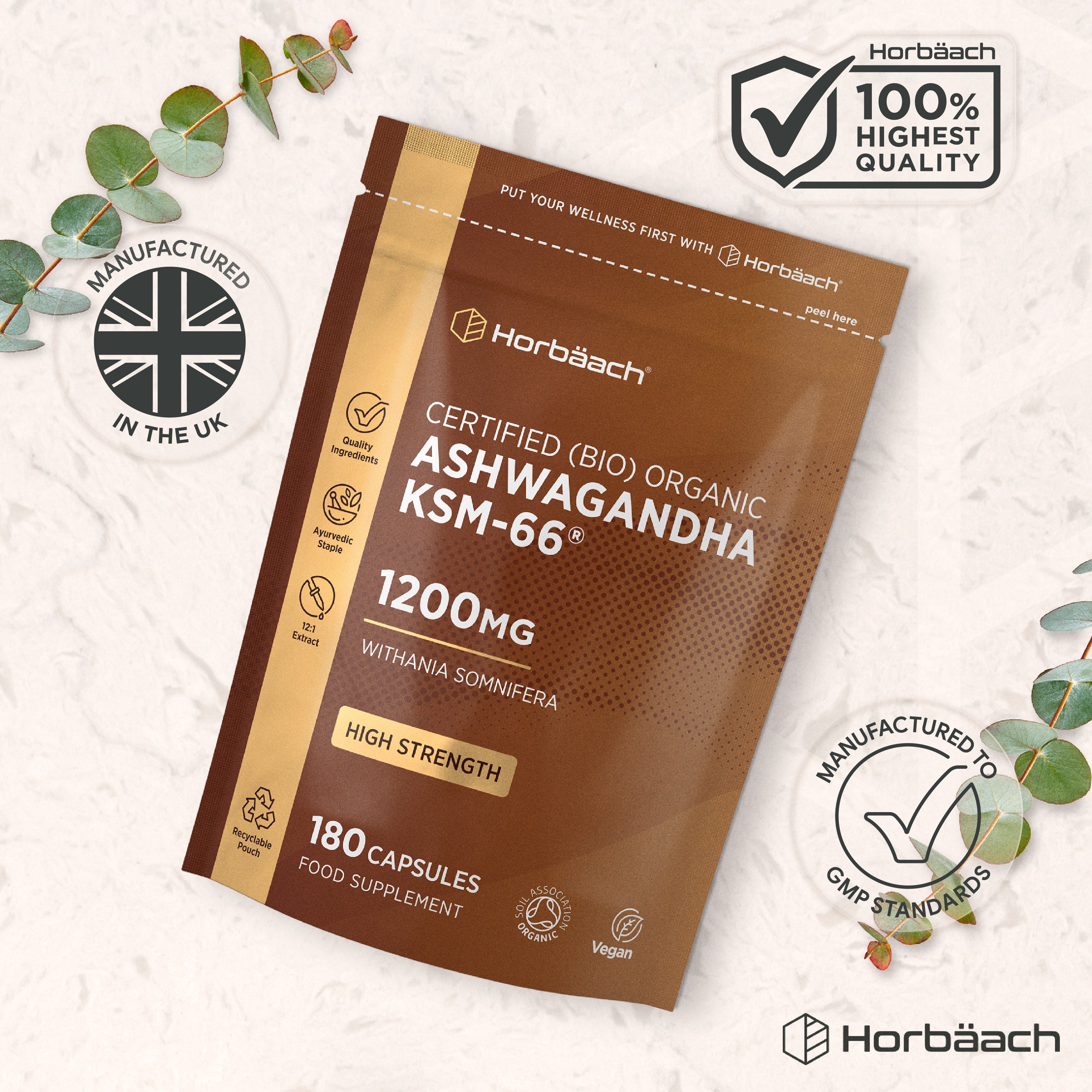 Horbäach Certified Organic Ashwagandha KSM-66 1200mg, 180 Vegan Capsules, food supplement pouch displayed.