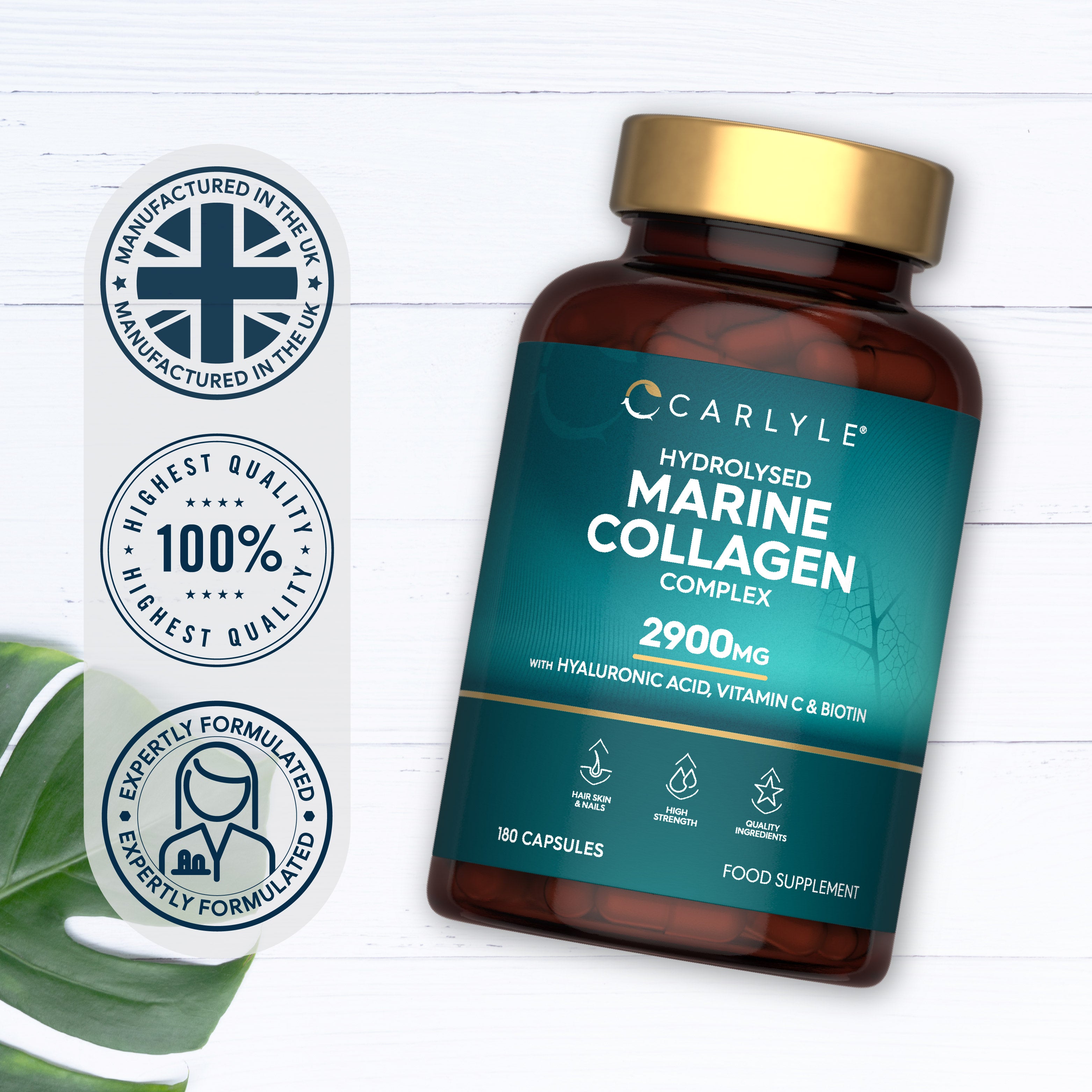 Carlyle Hydrolysed Marine Collagen Complex 2900mg with Hyaluronic Acid, Vitamin C, and Biotin, 180 Capsules.