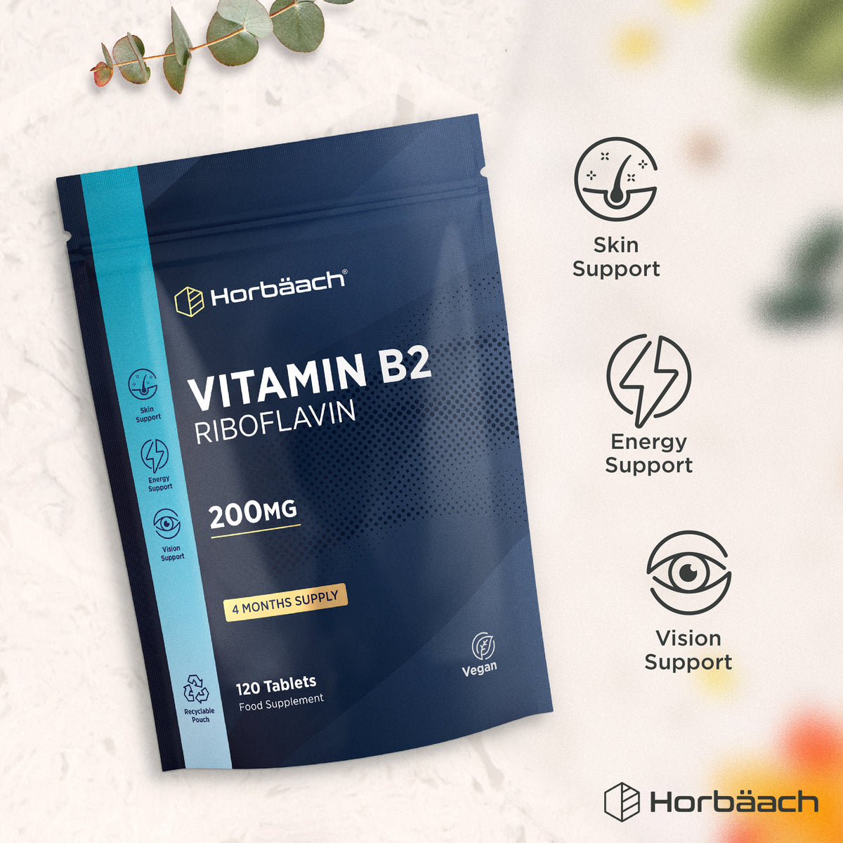Vitamin B2 Riboflavin 200mg, 120 Vegan Tablets in a recyclable pouch, offering skin, energy, and vision support.