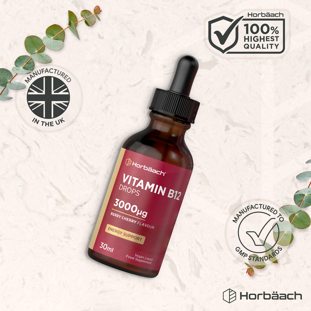 Horbäach Vitamin B12 Drops 3000µg in Berry Cherry Flavor, 30ml, a vegan liquid food supplement.