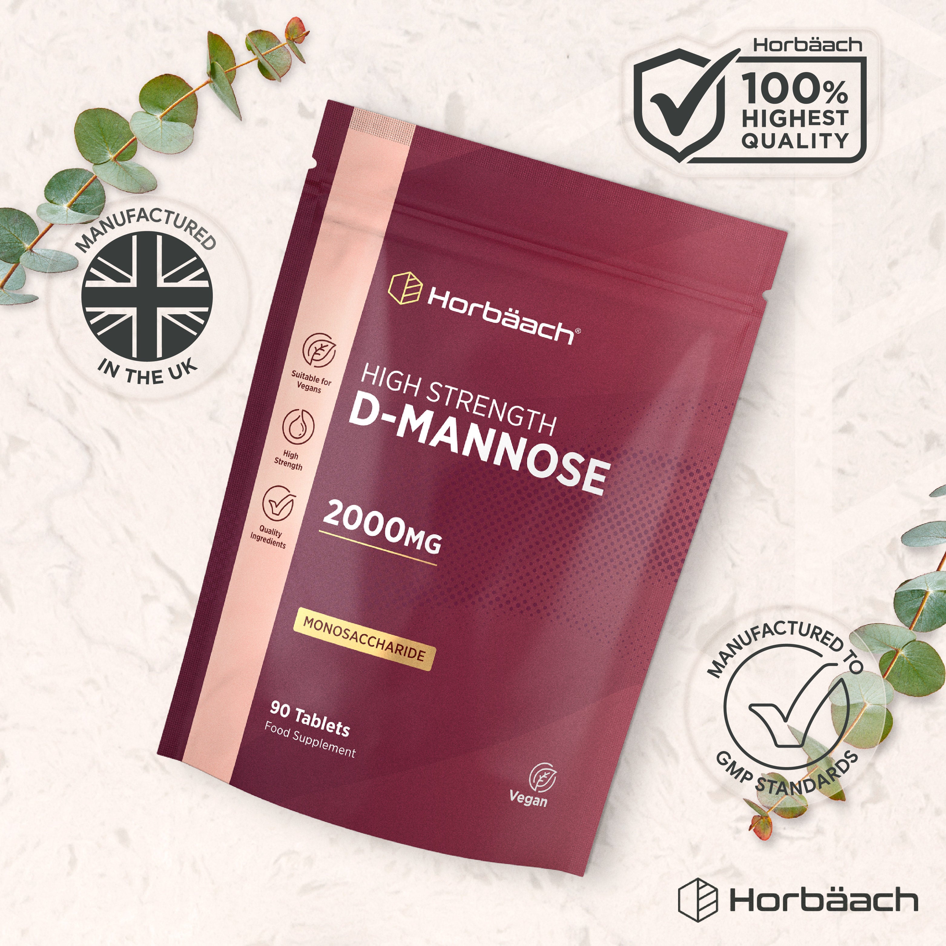 Horbäach High Strength D-Mannose 2000mg Monosaccharide, 90 Tablets Food Supplement in a vegan pouch.