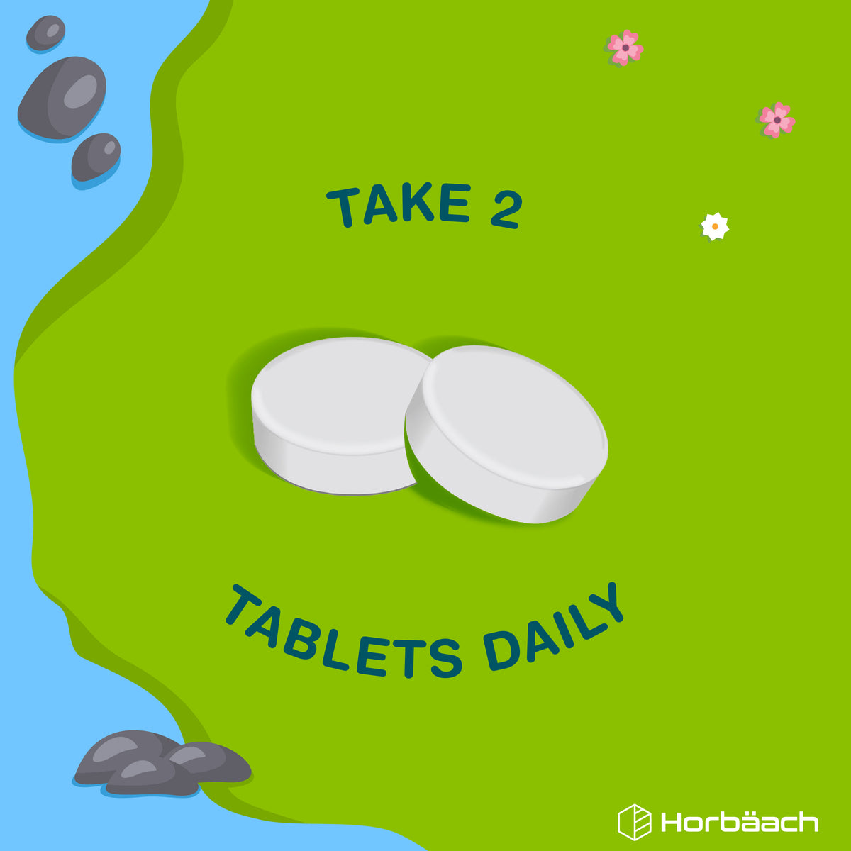 Two white HU Chewable Magnesium for Kids 100mg tablets with text 'TAKE 2 TABLETS DAILY' visible.