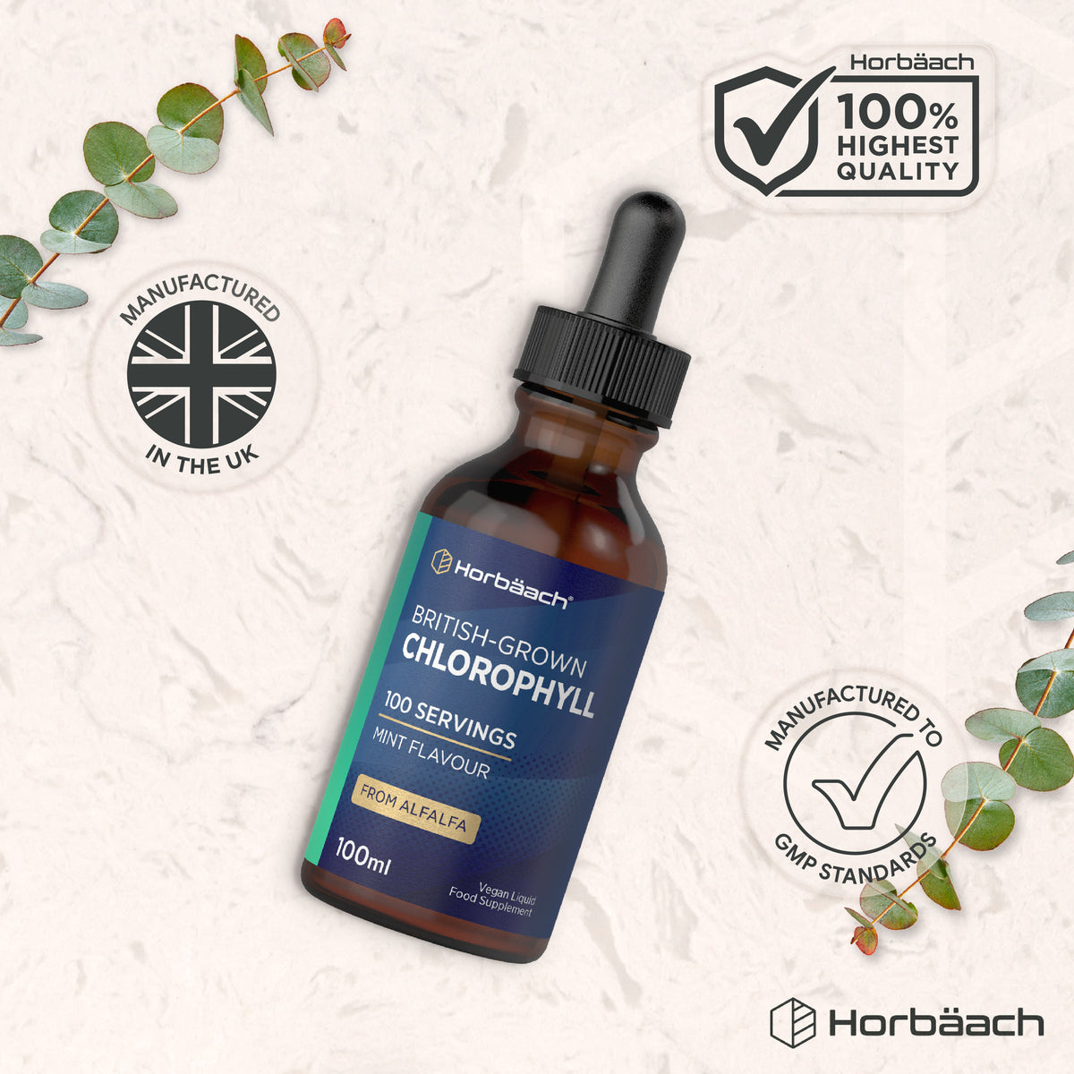 Infographic illustrating Horbäach's commitment to 100% highest quality, GMP standards, manufactured in the UK.
