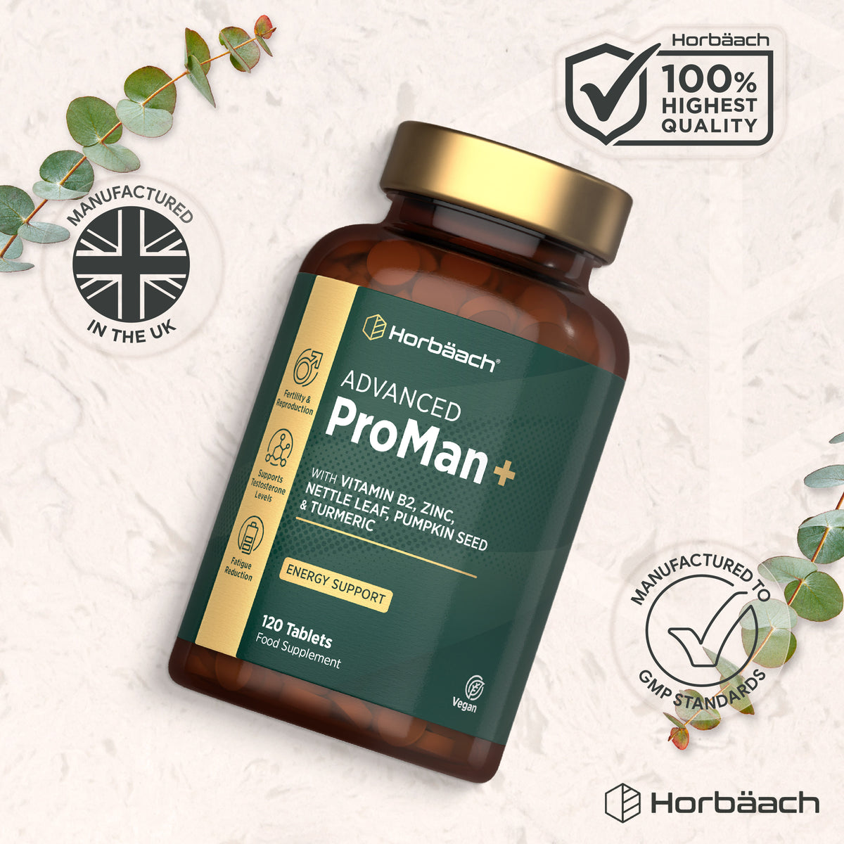 Horbäach ADVANCED ProMan+ 120 Vegan Tablets for energy support with B2, zinc, nettle leaf, pumpkin seed, and turmeric.