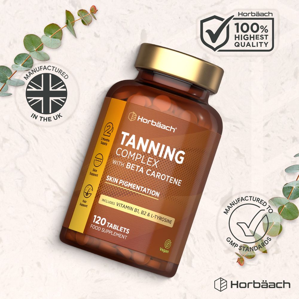 Tanning bottle with icons indicating: Made in UK, 100% Highest Quality, GMP Standards, 2 Months Supply, Skin and Hair Support, Vegan