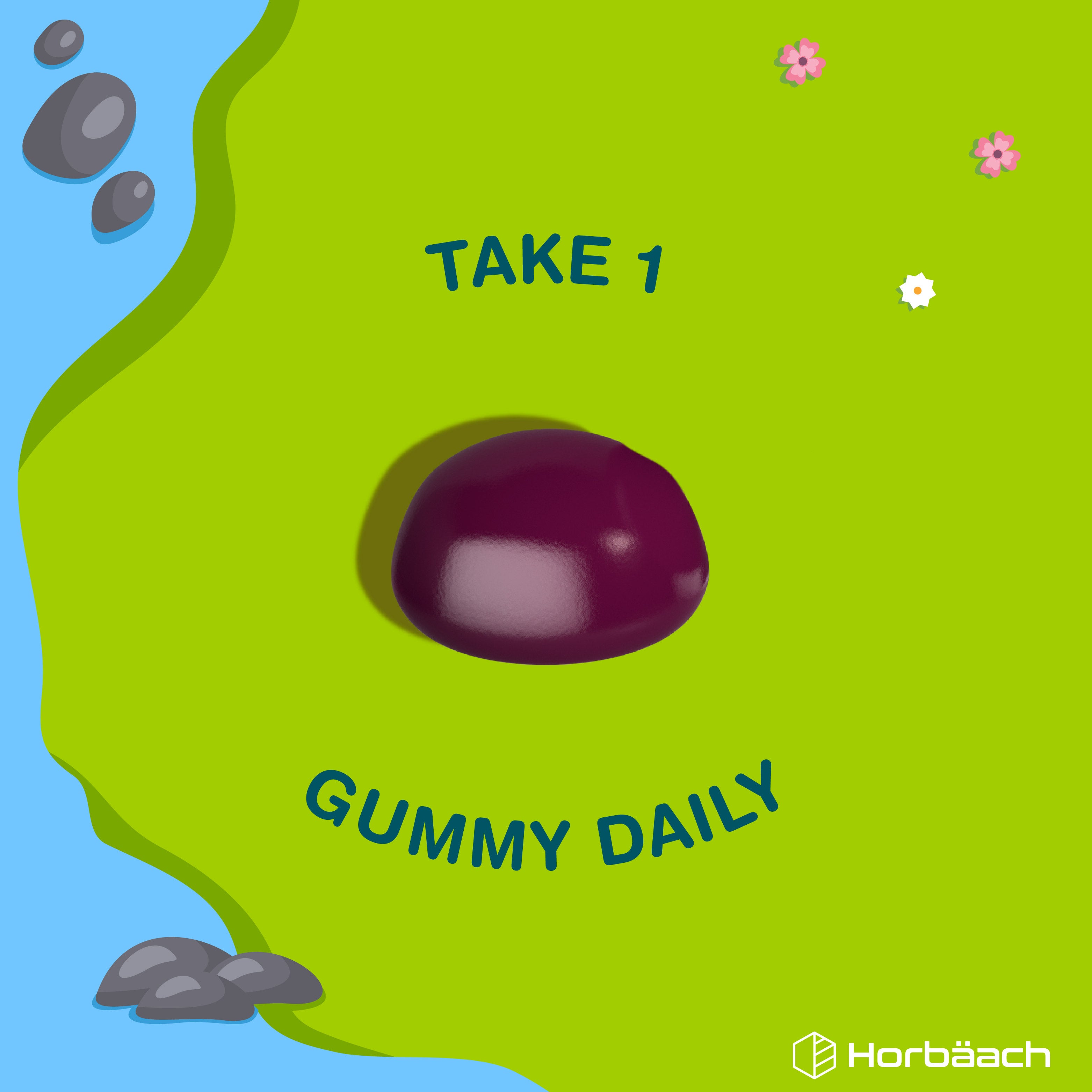 HU Black Elderberry Complex for Kids vegan gummy, dark purple. Graphic text reads 'TAKE 1 GUMMY DAILY'.