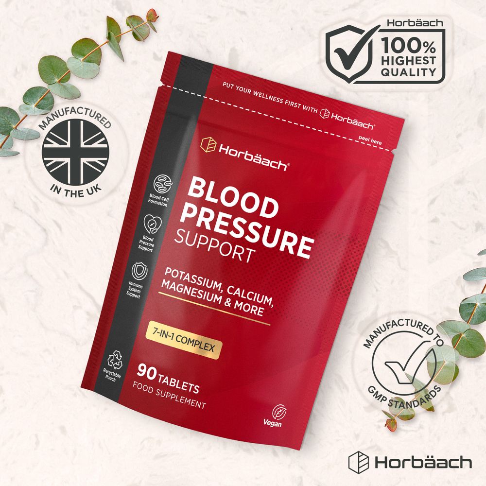 Horbäach Blood Pressure Support: 90 vegan tablets with potassium, calcium, magnesium, and more. 7-in-1 complex.