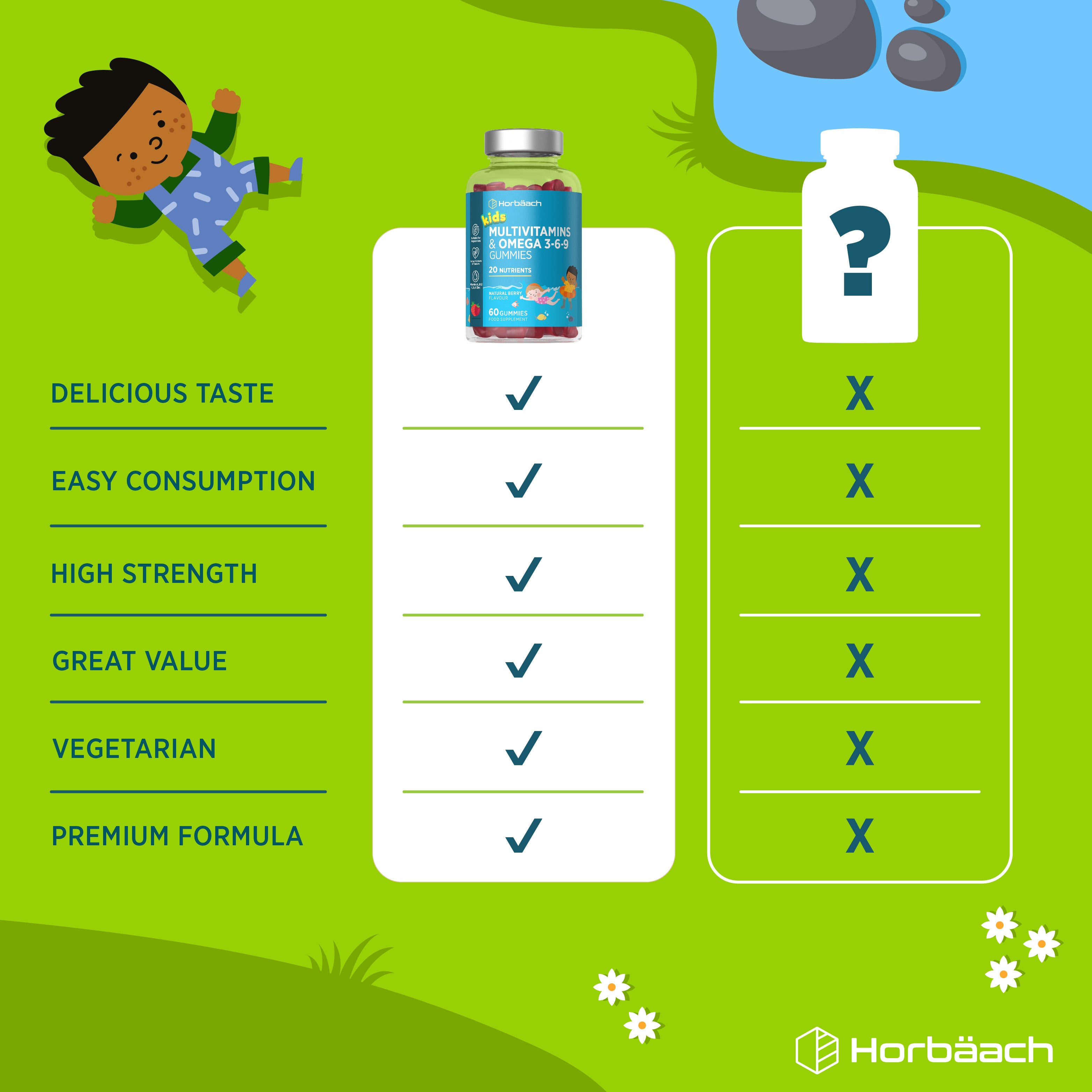 Product highlights graphic stating DELICIOUS TASTE, EASY CONSUMPTION, HIGH STRENGTH, GREAT VALUE, VEGETARIAN, PREMIUM FORMULA.