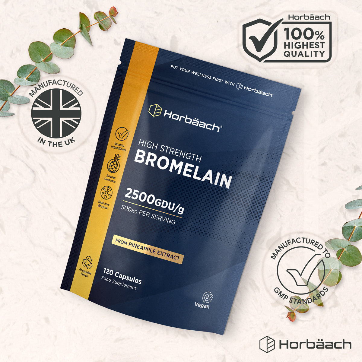 Horbäach High Strength Bromelain 2500 GDU/g, 500mg per serving, from Pineapple Extract, 120 Capsules Food Supplement. Vegan.