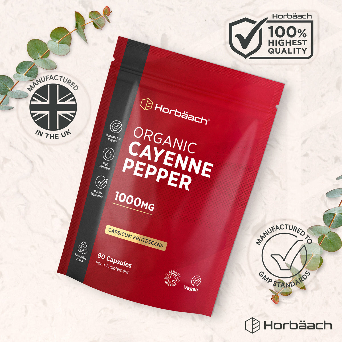 Organic Cayenne Pepper 1000mg in 90 vegan capsules within a recyclable pouch. Made in the UK to GMP standards. High quality.