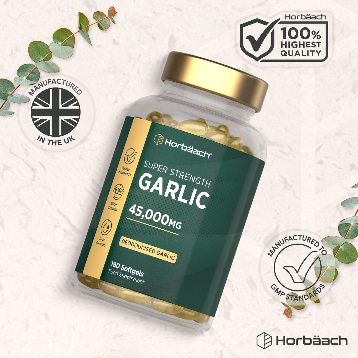 Horbäach Super Strength Deodourised Garlic 45,000MG, 180 Softgels bottle displayed.