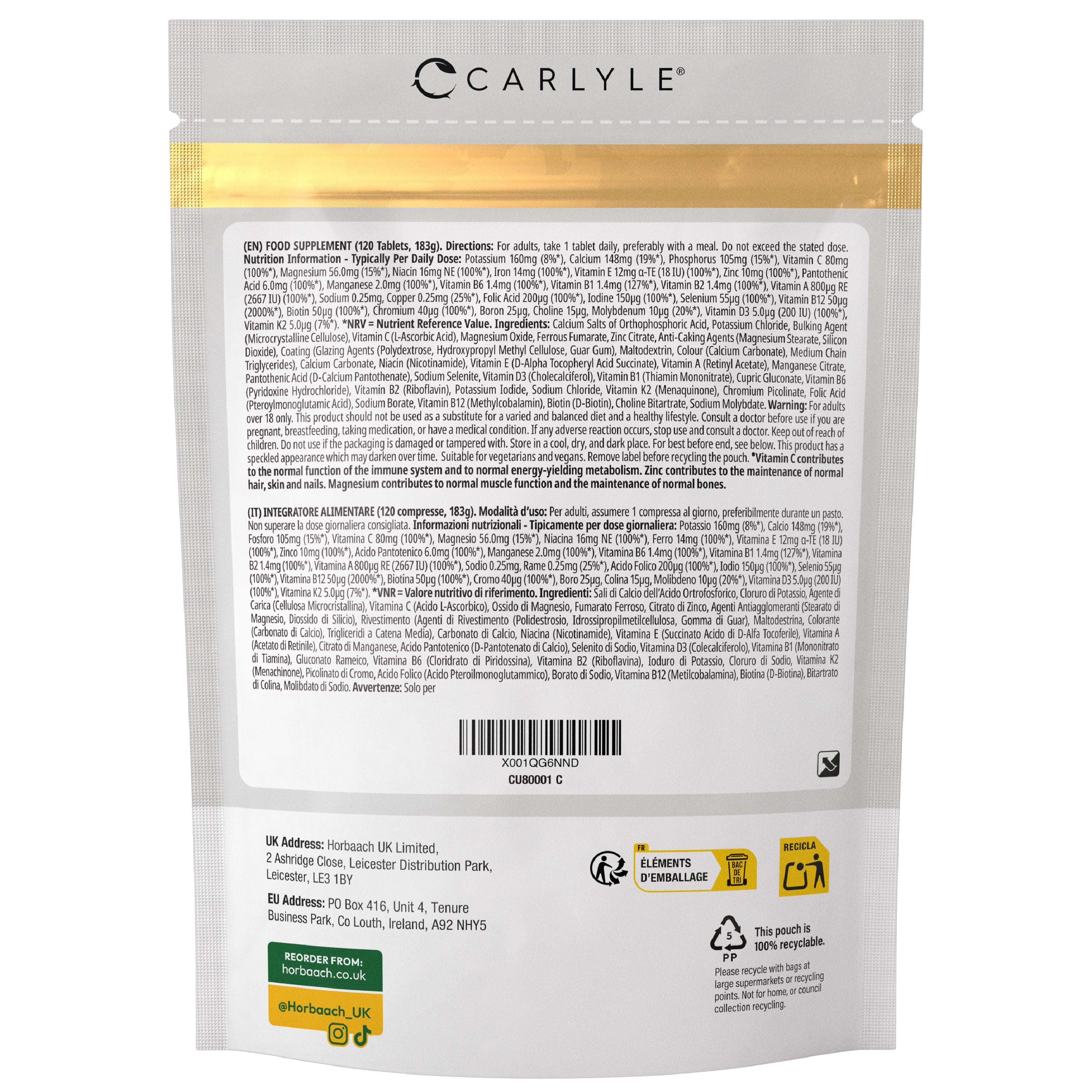 Carlyle CU Multivitamin & Mineral vegan tablets pouch containing 365 tablets, suitable for daily nutrition.