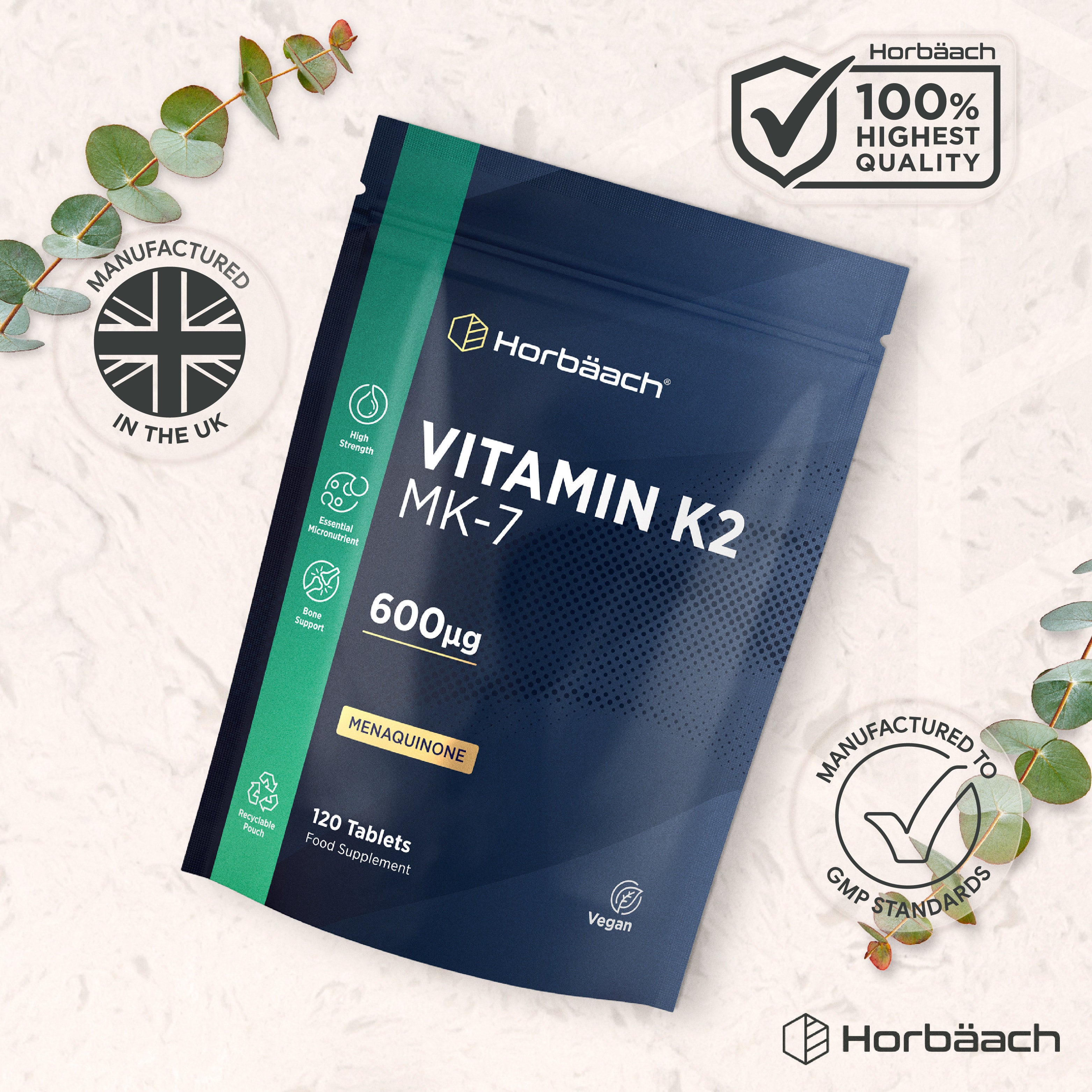 Horbäach Vitamin K2 MK-7 600µg Menaquinone 120 Vegan Tablets. High strength, bone support. Manufactured in the UK.