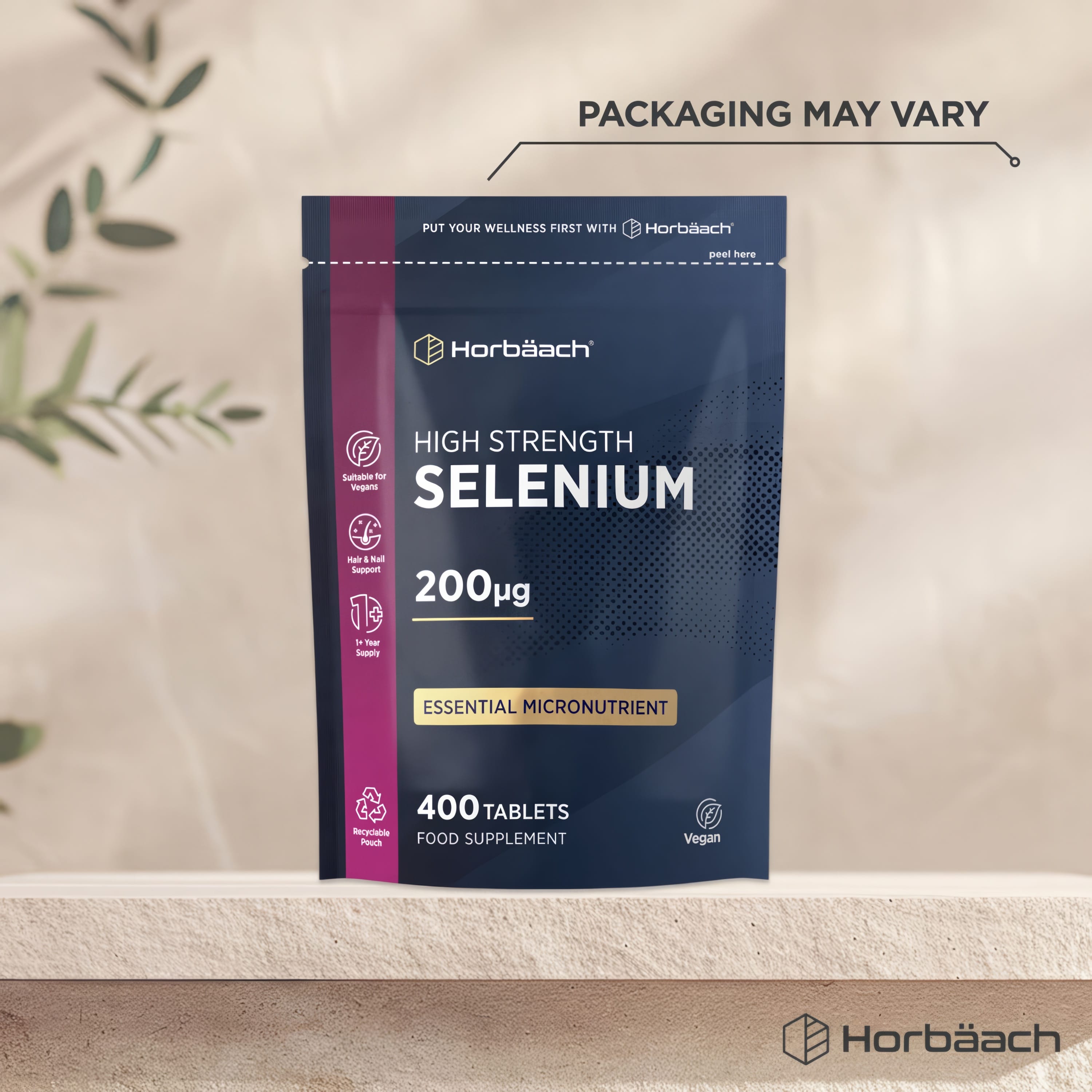 High Strength Selenium 200µg 400 Tablets in a recyclable pouch. Vegan, essential micronutrient for hair and nail support.