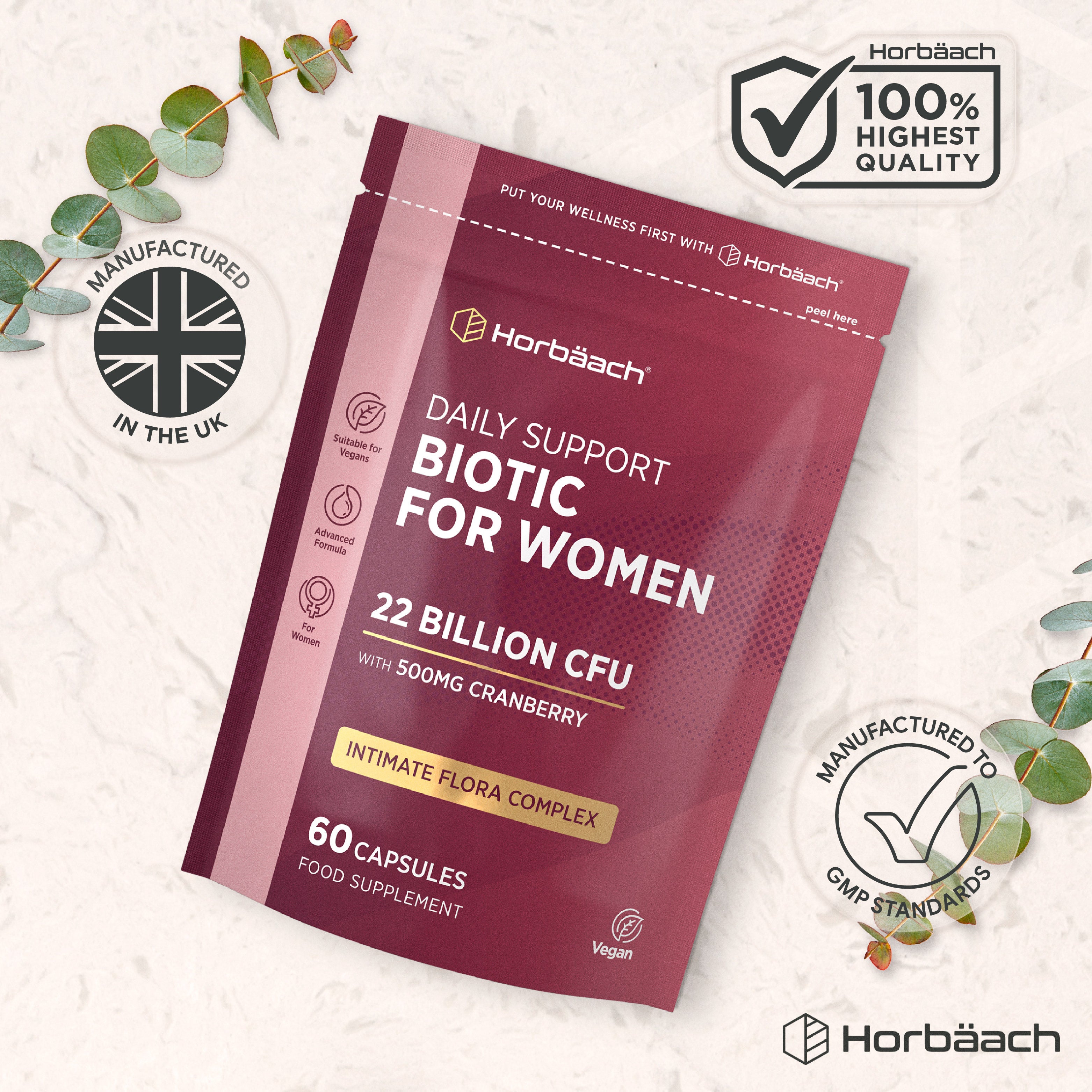 Horbäach Daily Support Biotic for Women, with 22 Billion CFU and 500mg of Cranberry, 60 Capsules Food Supplement.
