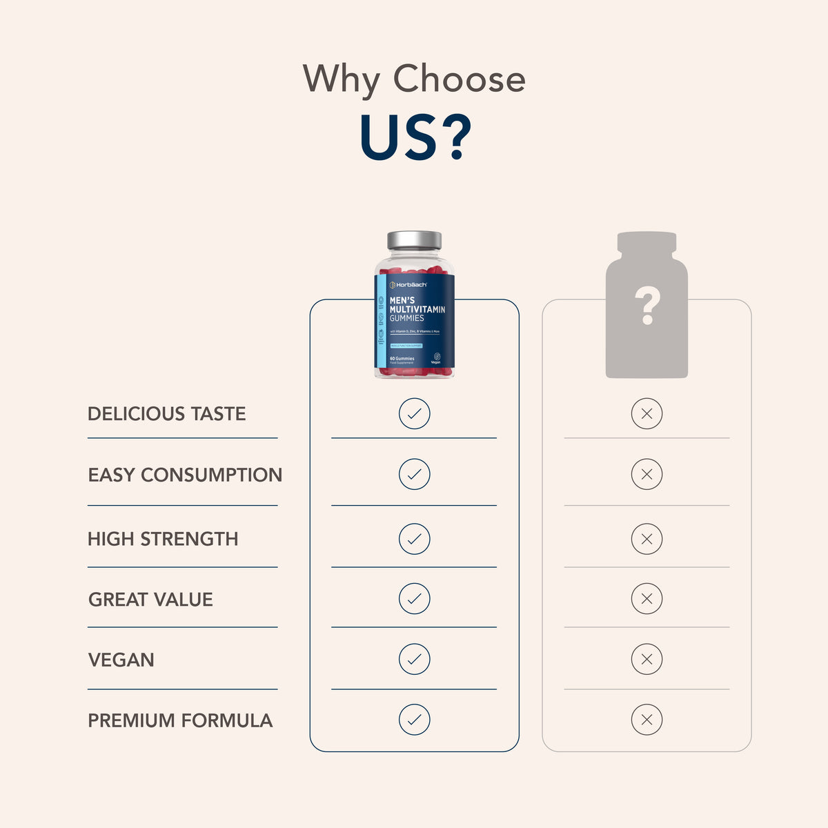 Product highlights graphic stating DELICIOUS TASTE, EASY CONSUMPTION, HIGH STRENGTH, GREAT VALUE, VEGAN, PREMIUM FORMULA.