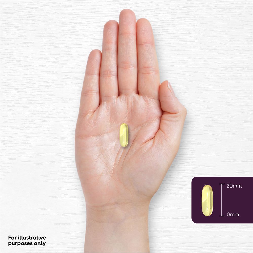 A yellow softgel is held in a hand, with an inset graphic showing its 20mm length.