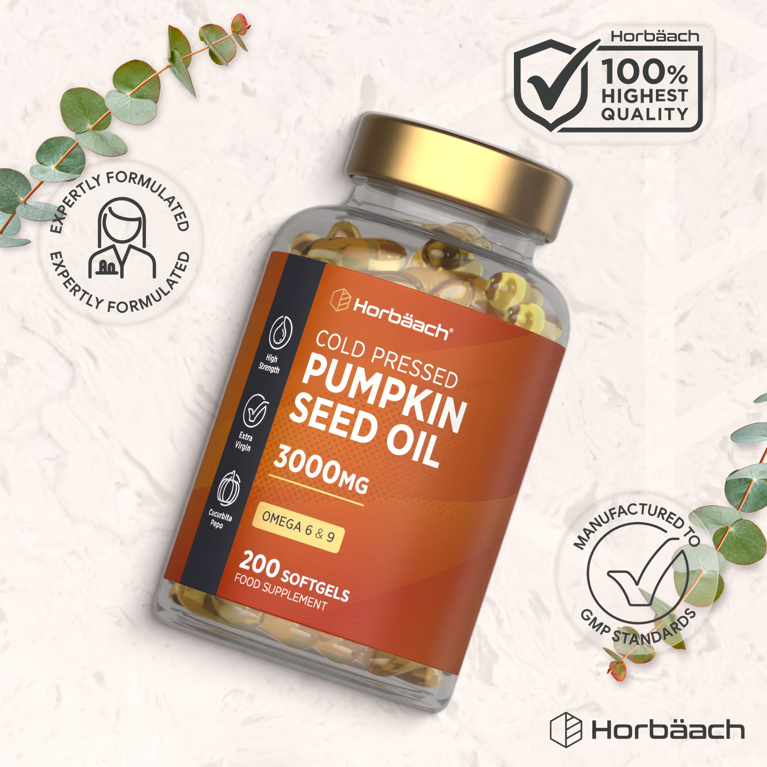 Horbäaach Cold Pressed Pumpkin Seed Oil 3000mg, 200 Softgels, Omega 6 and 9 Food Supplement.