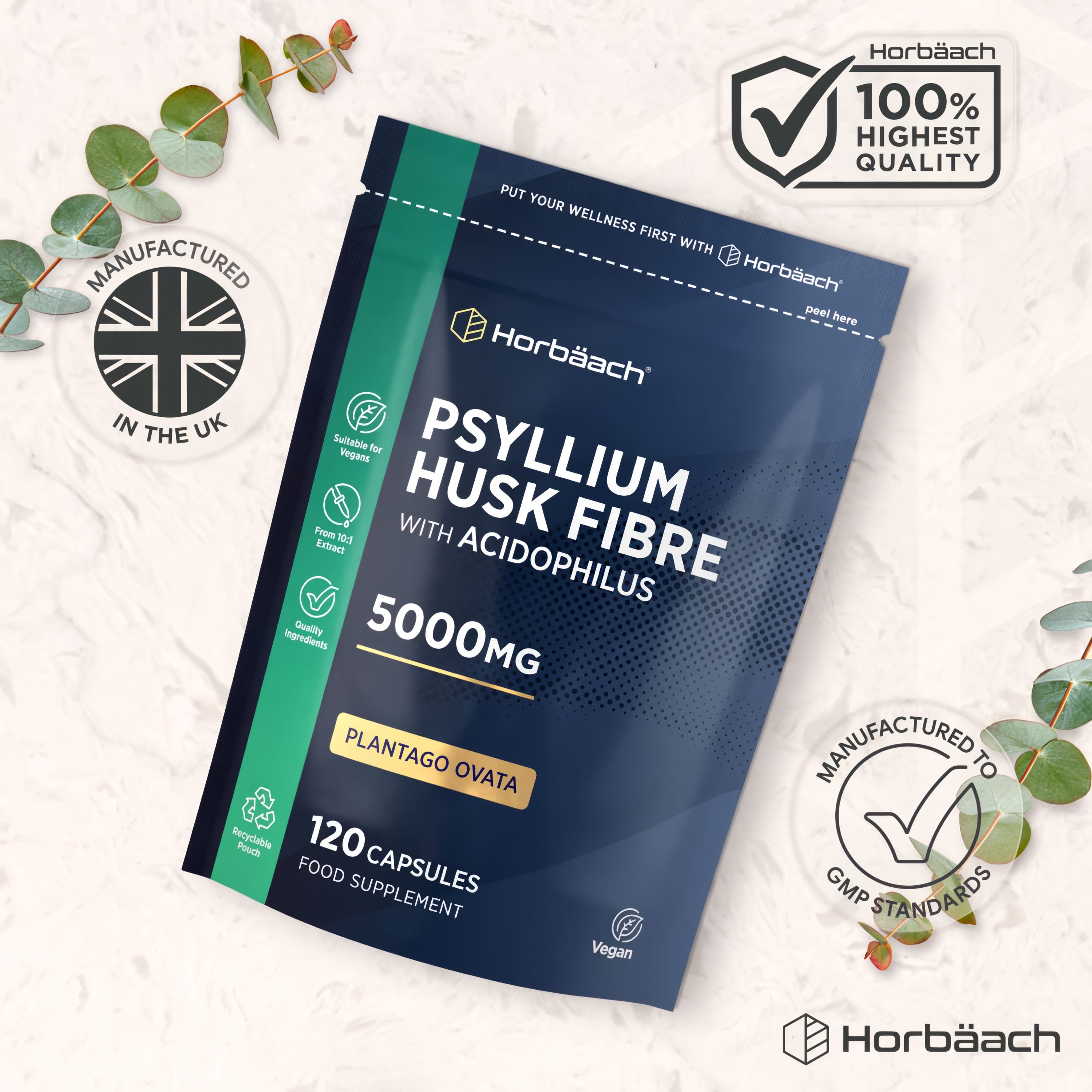 Psyllium Husk Fibre with Acidophilus 5000mg, 120 Capsules. Vegan supplement made in the UK to GMP standards.