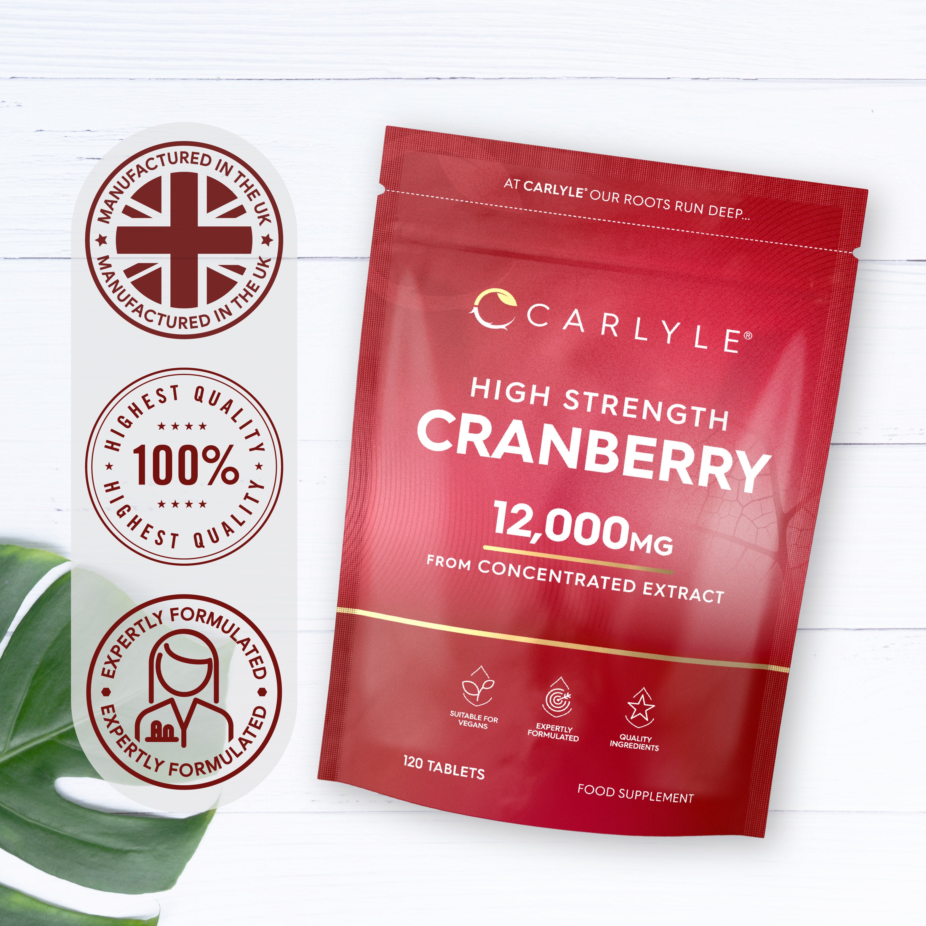 Cranberry 12,000mg, 120 tablets, made from concentrated extract. Suitable for vegans, expertly formulated, quality ingredients.