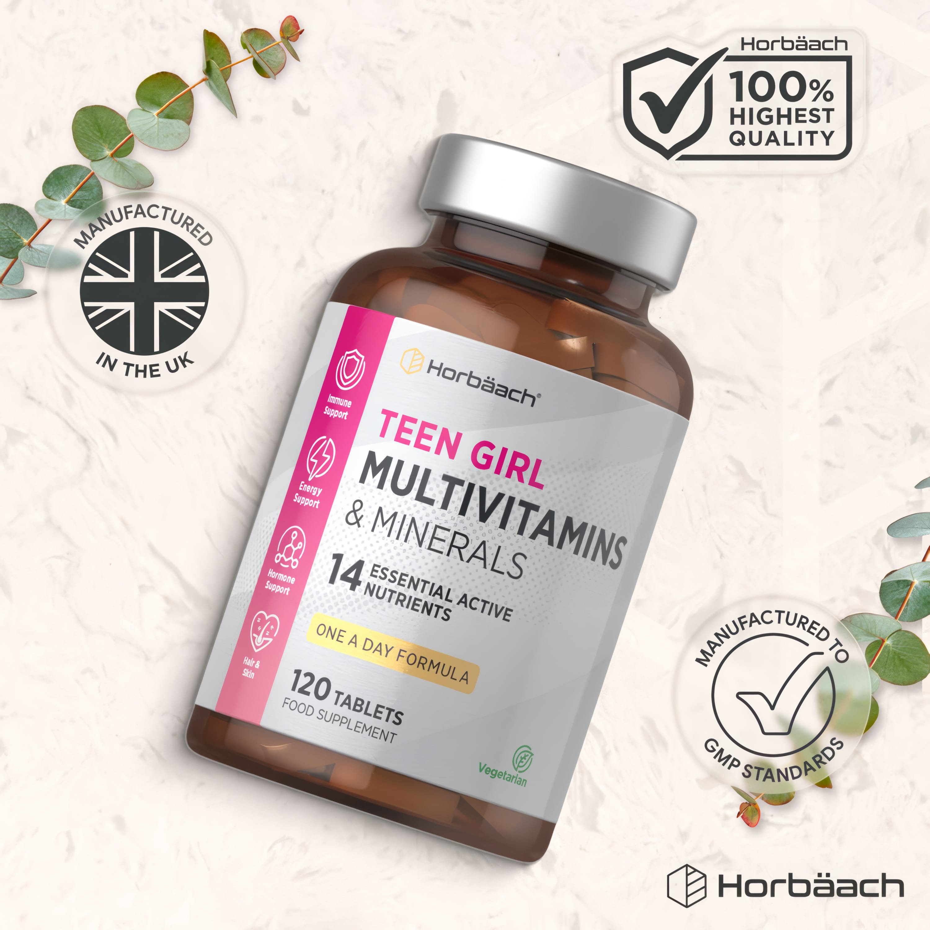 Horbäach Teen Girl Multivitamins, 120 tablets. Supports immune, energy, hormone balance, hair, and skin. Vegetarian.