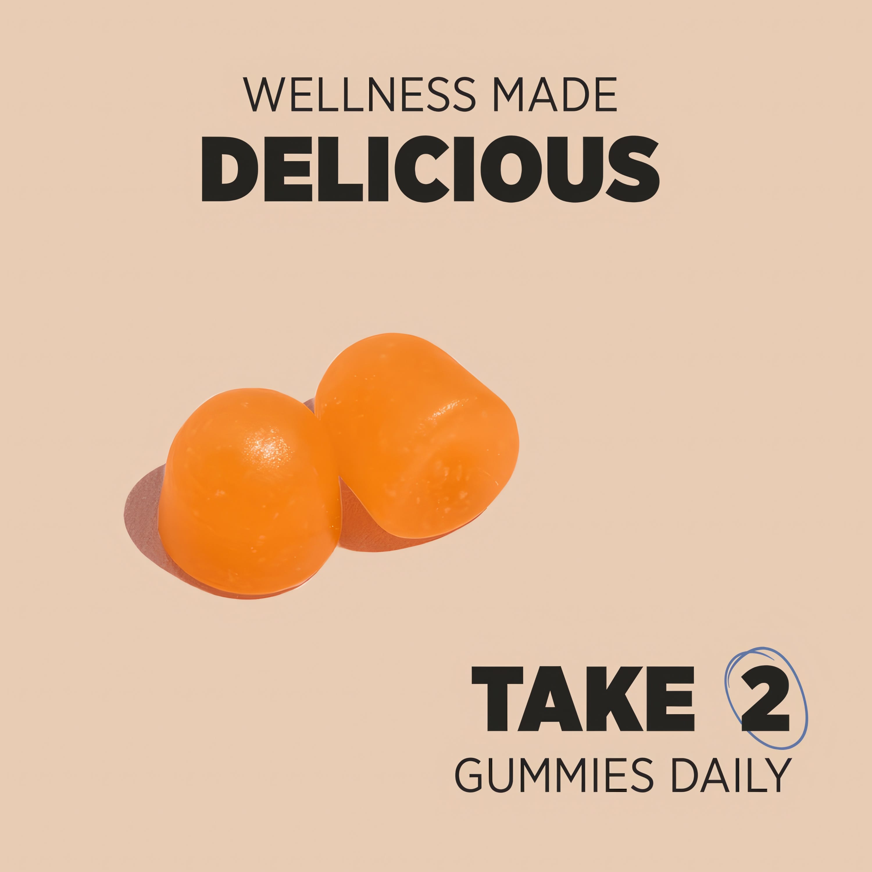 Two orange HU Biotic 5 Billion Vegan Gummies with text 'WELLNESS MADE DELICIOUS' and 'TAKE 2 GUMMIES DAILY'.