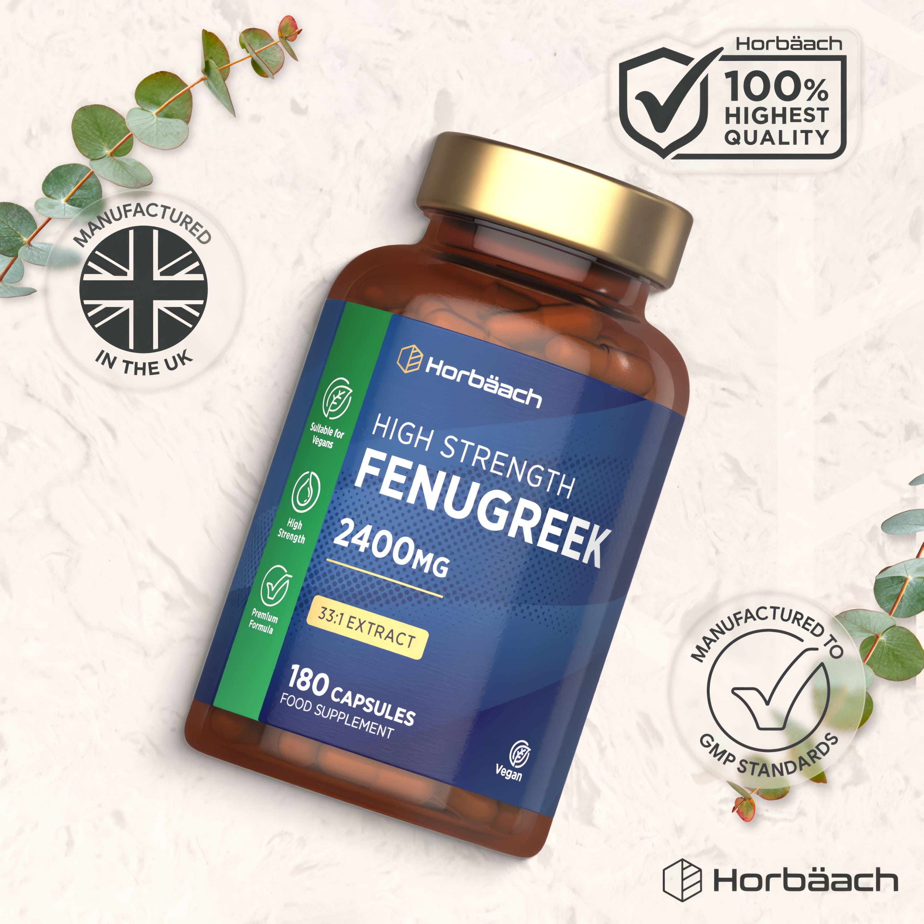High Strength Fenugreek 2400mg 33:1 Extract in a bottle with 180 vegan capsules for food supplementation.
