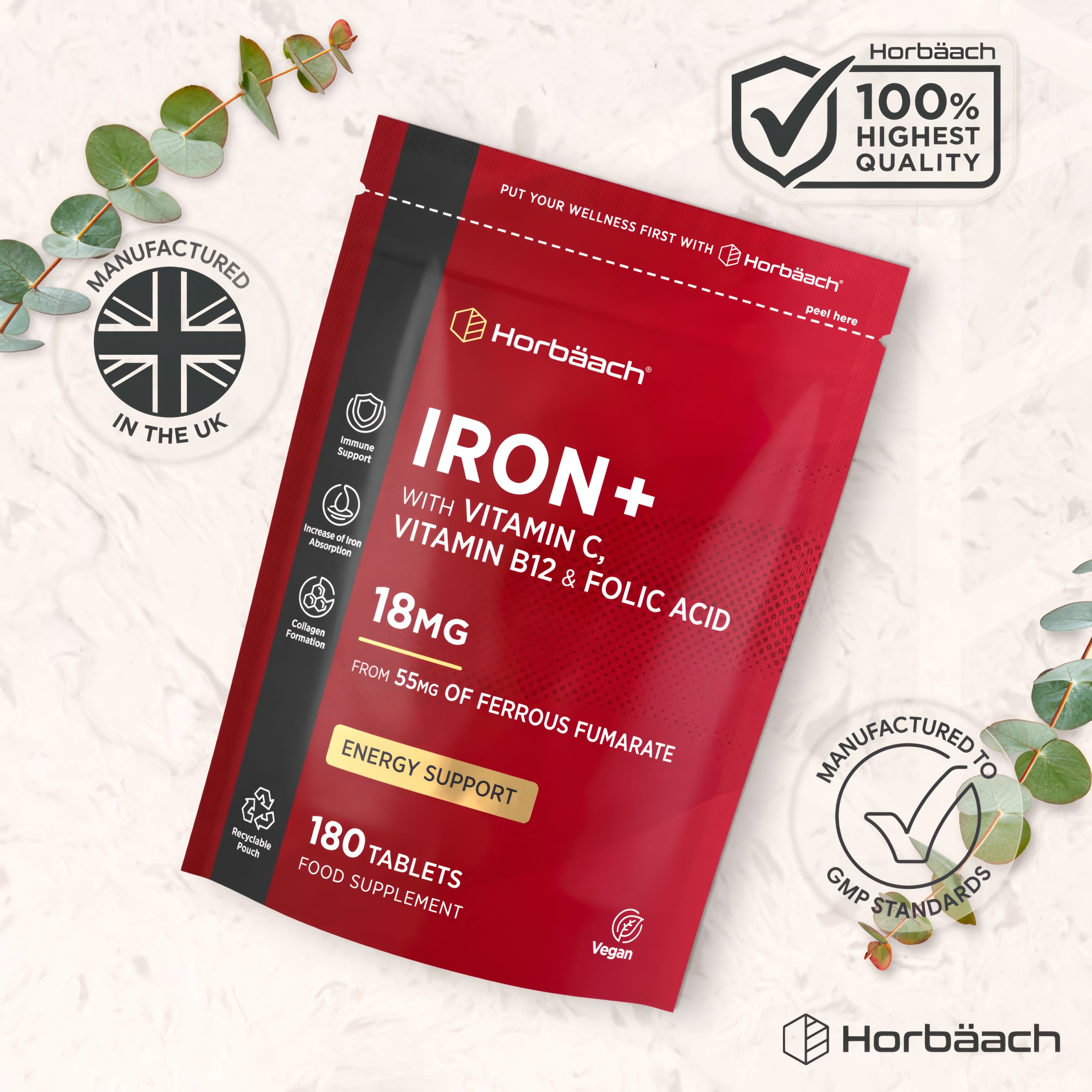 IRON+ tablets with Vitamin C, B12, and Folic Acid, 18MG, 180 count. Vegan supplement in a recyclable pouch.