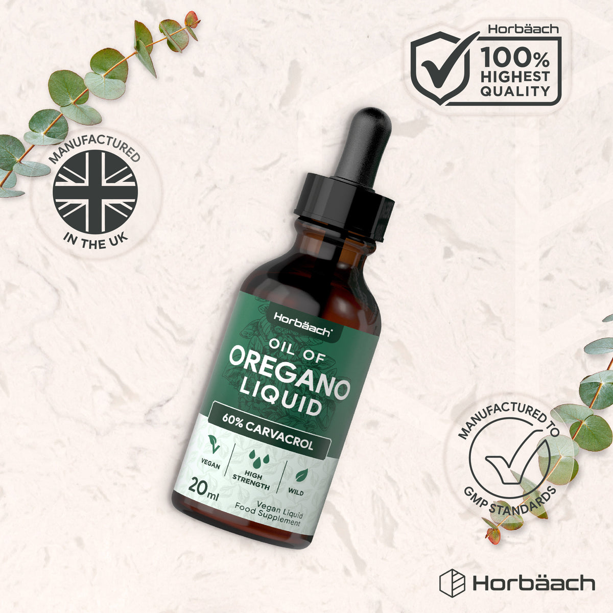 Horbäach Oil of Oregano Liquid 20ml with 60% Carvacrol, vegan and high strength. Wild harvested in the UK with GMP standards.
