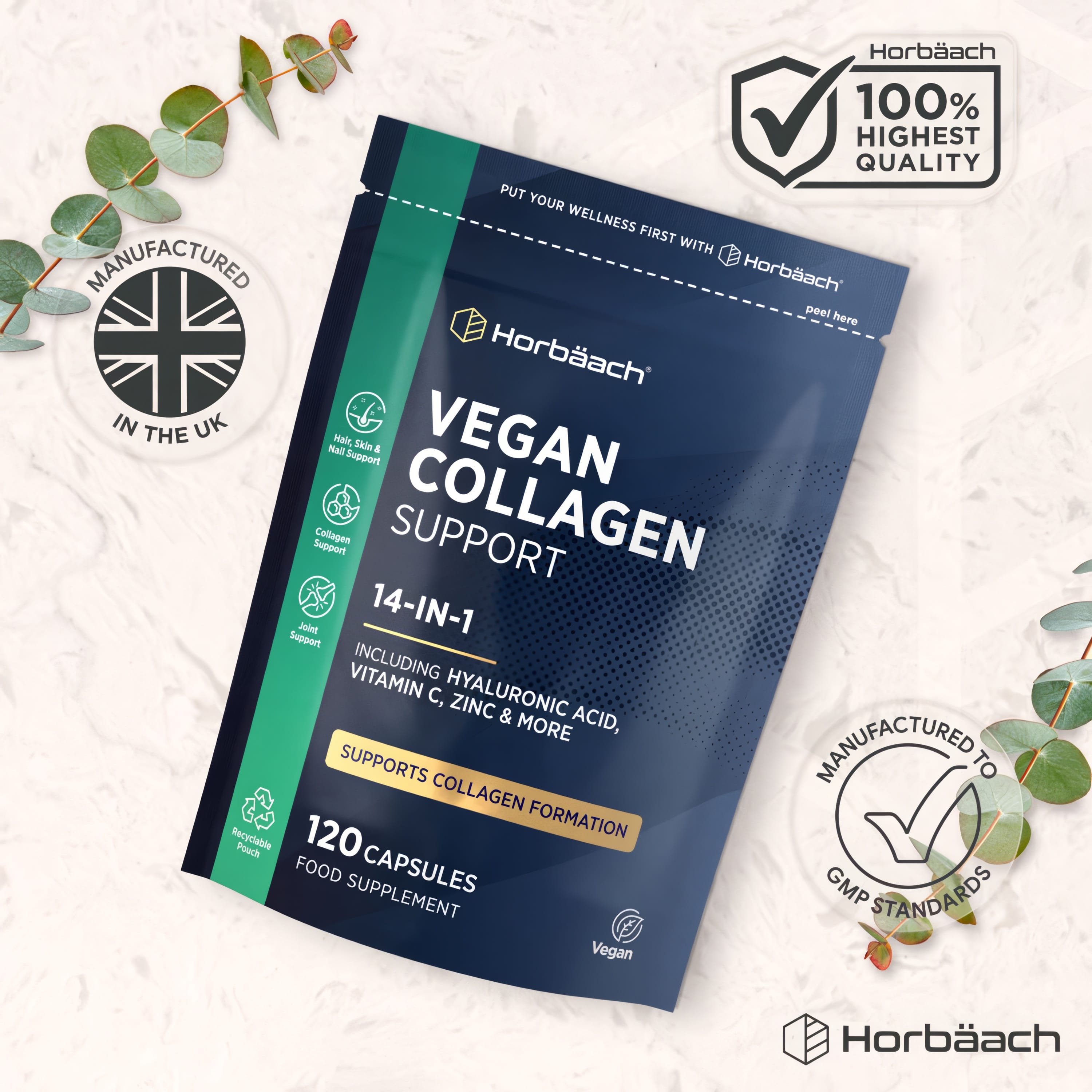 Horbäach Vegan Collagen Support 14-IN-1, 120 Capsules. Supports collagen formation, hair, skin, nails, and joints.