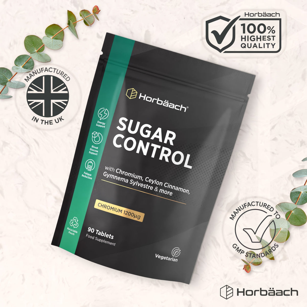 Infographic: Horbäach Sugar Control, 90 Tablets. Badges: Highest Quality, UK Manufactured, GMP Standards. Total quality assurance.